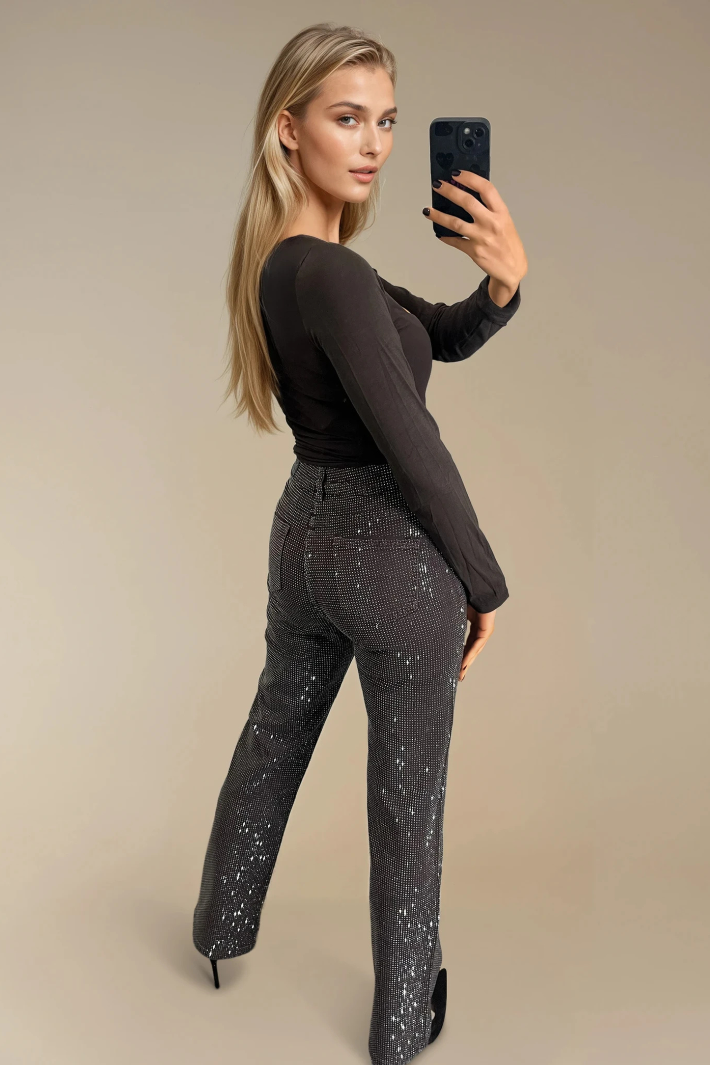 Brown Diamante Straight Leg Jeans