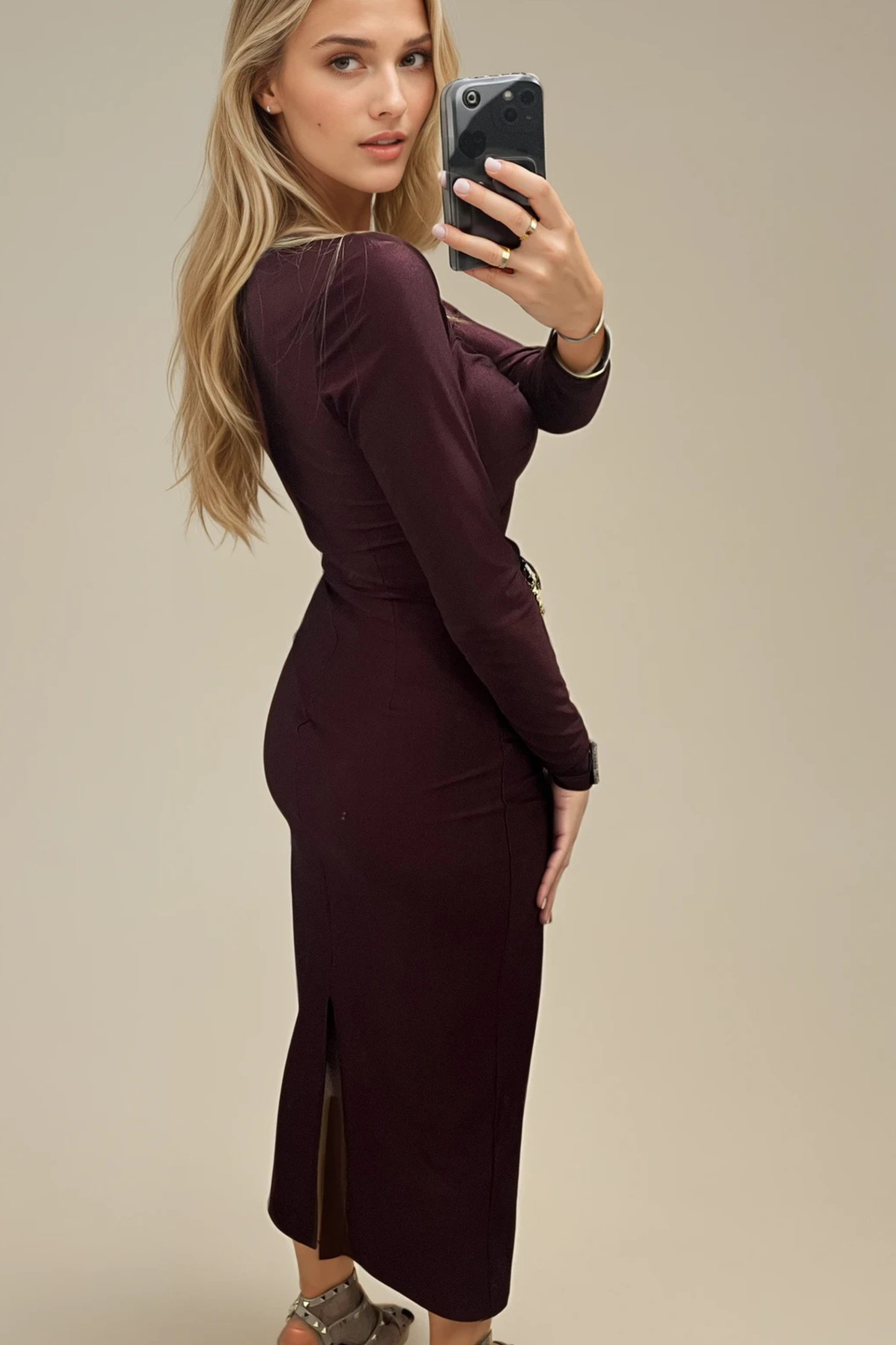 Burgundy Long Sleeve Midi Dress with Cut-Out & Gold Chain Details