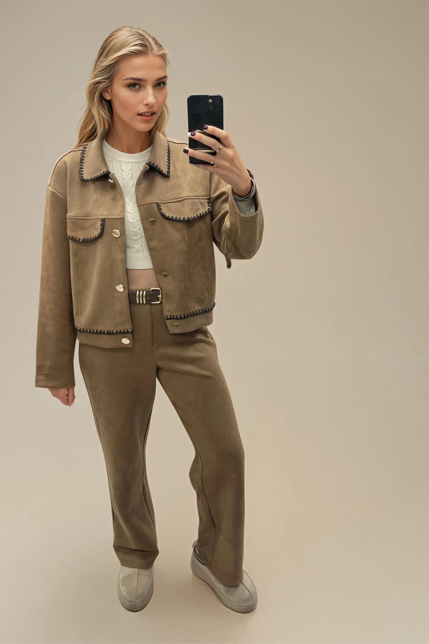 Faux Suede Tailored Pants – Contrast Stitch & Gold Hardware