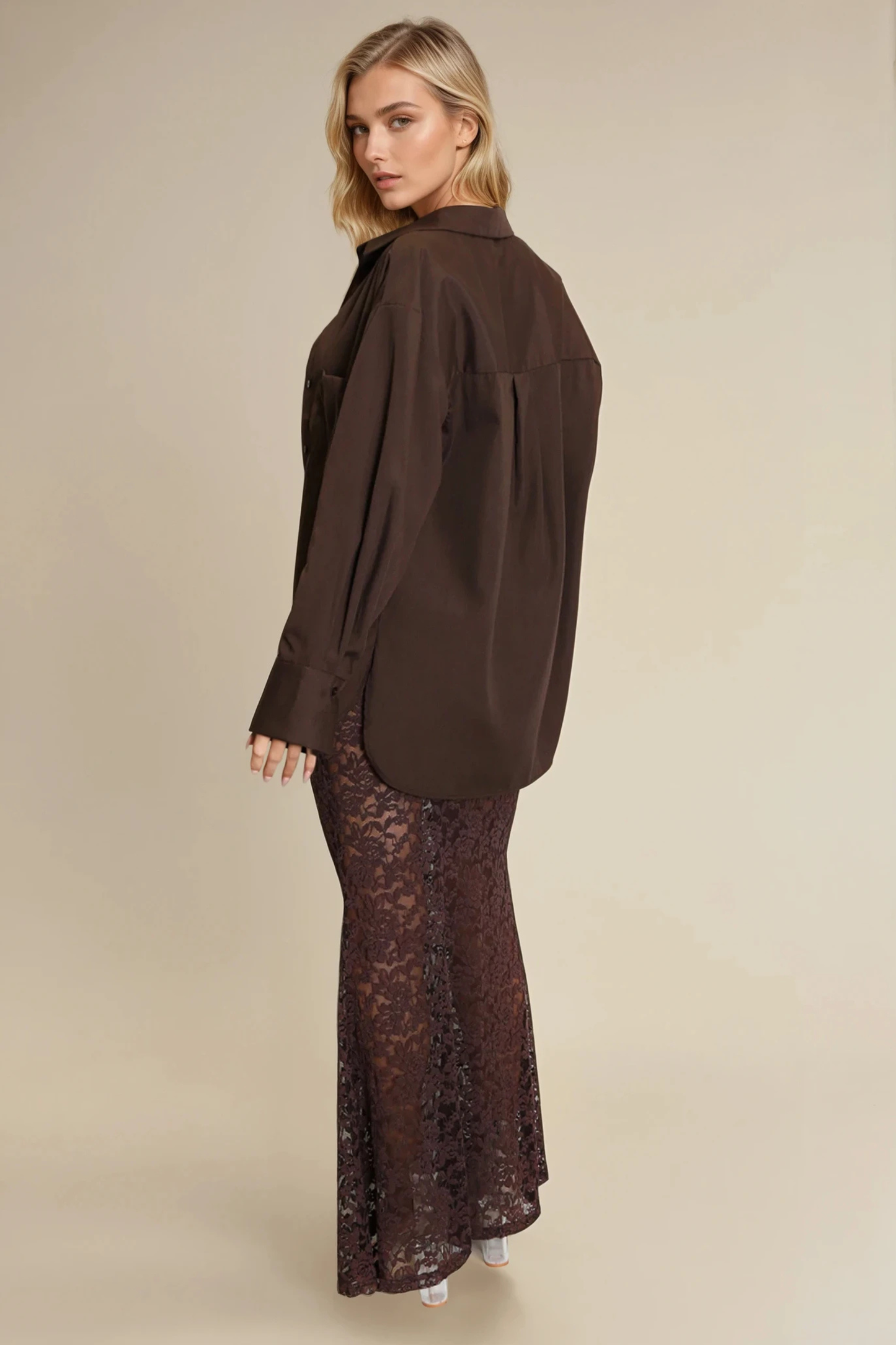 Brown Sheer Floral Lace Maxi Skirt