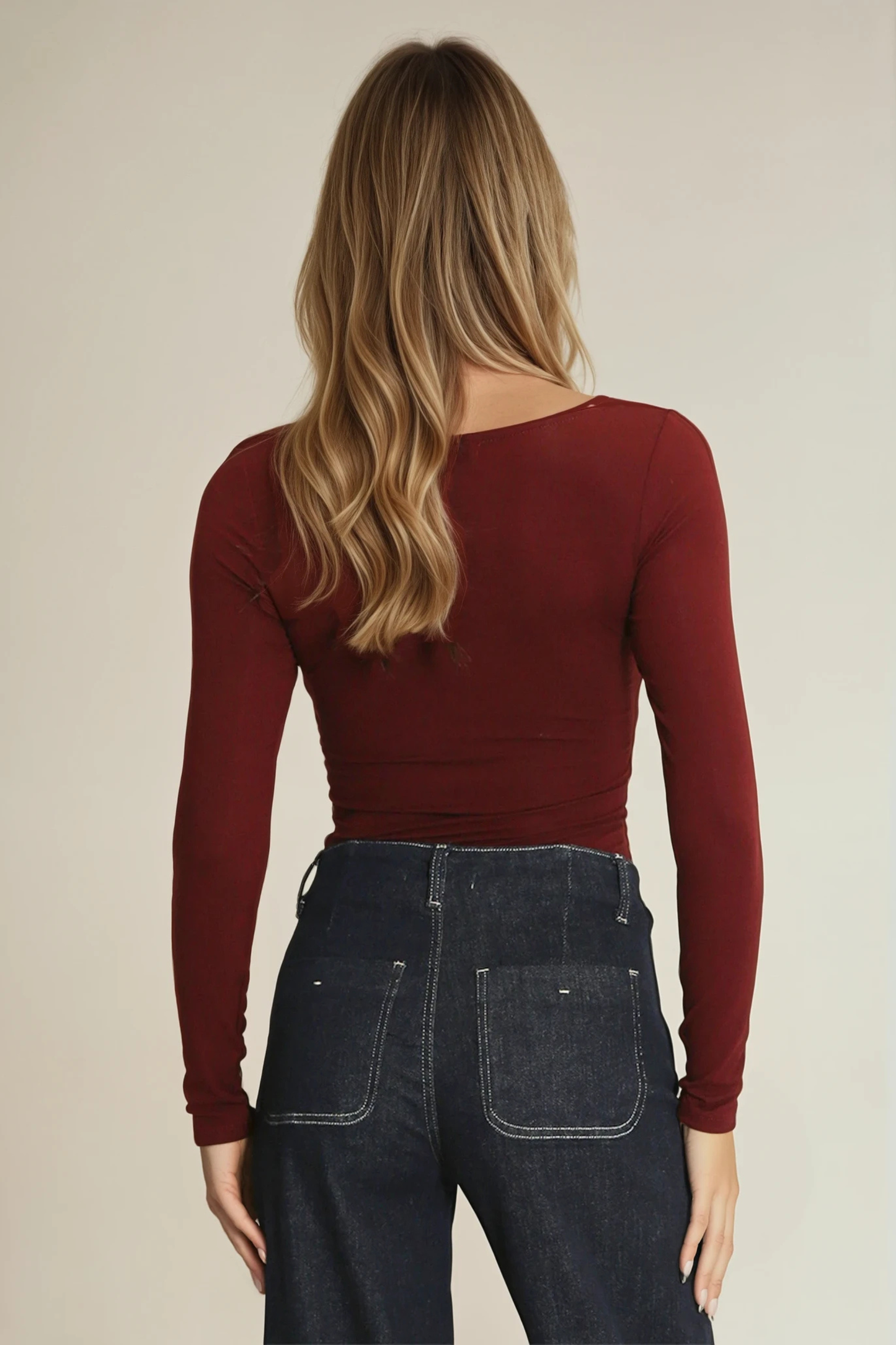 Square Neck Long Sleeve Top – Available in Burgundy & Black