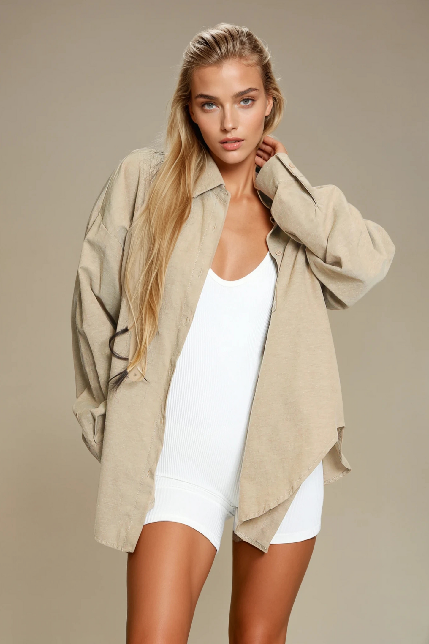 Beige Oversized Single Pocket Cotton Shirt