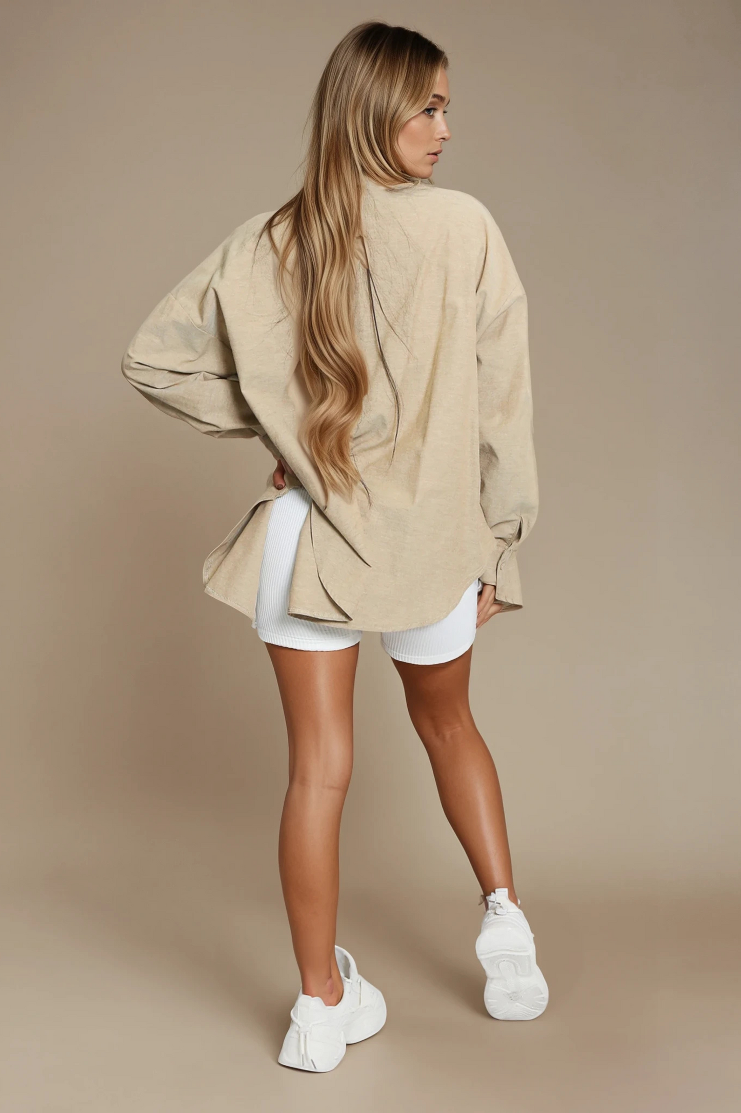 Beige Oversized Single Pocket Cotton Shirt