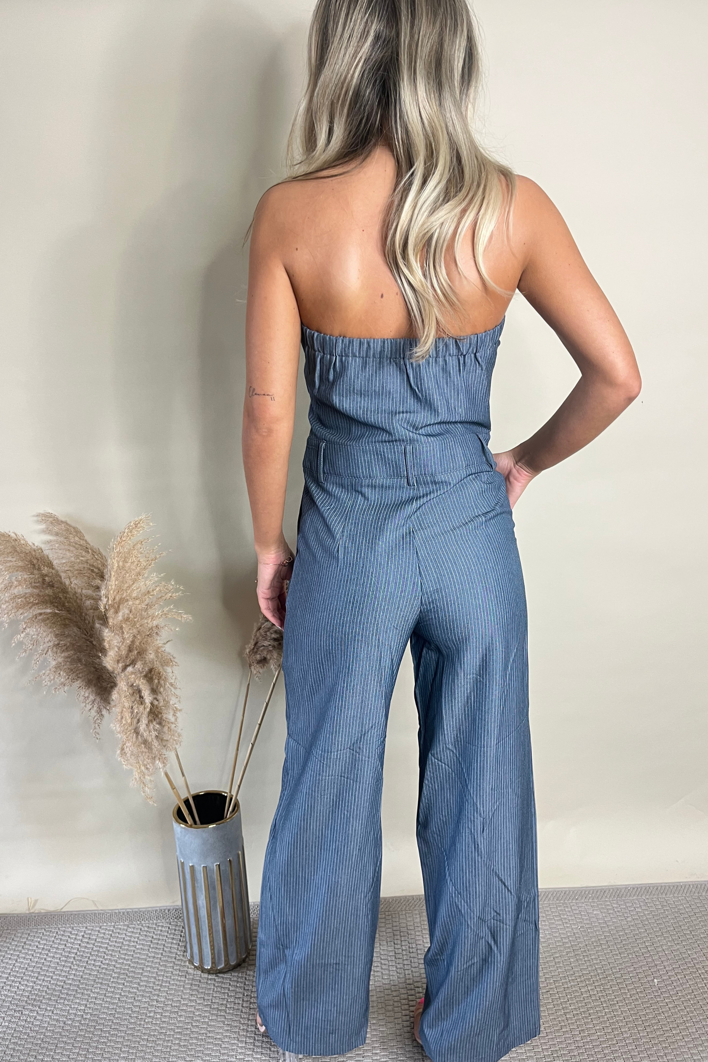 Stripe Blue Bardot Jumpsuit