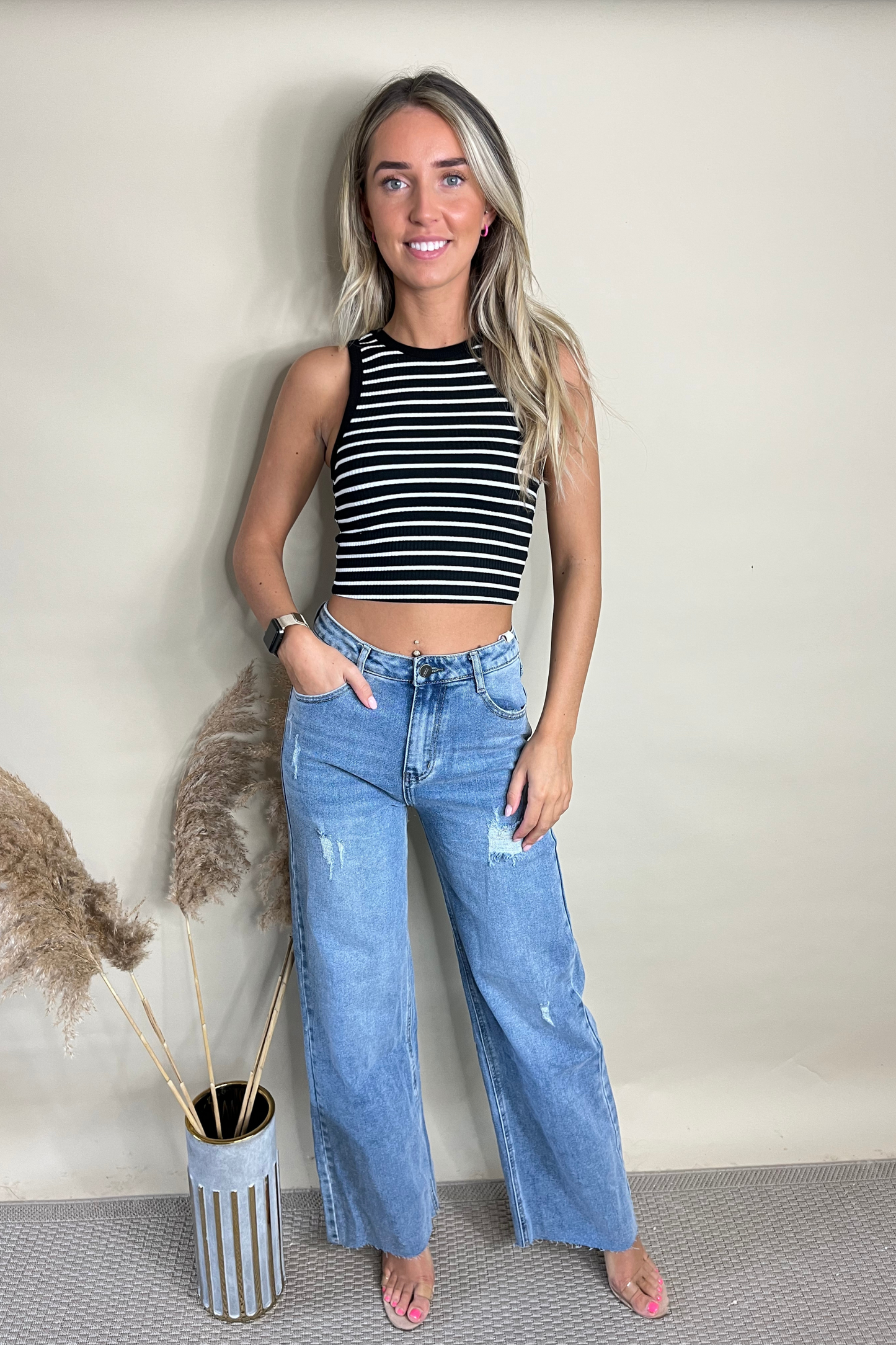 Blue Wash Denim Wide Leg Jeans