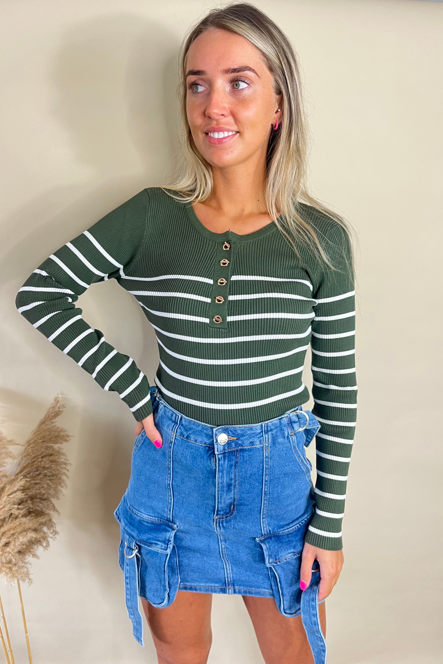 Khaki Stripe Long Sleeved Top