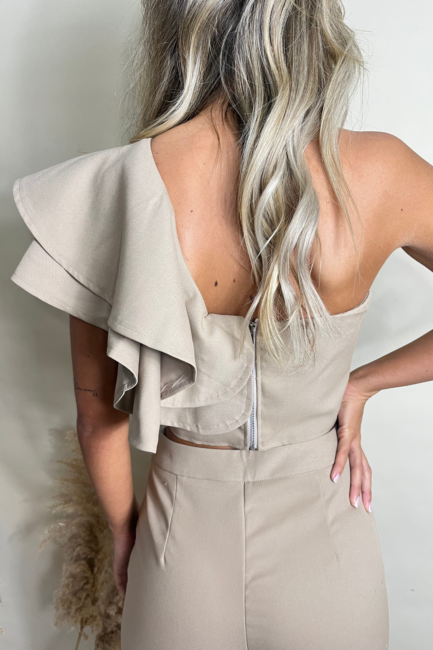 Camel One Shoulder Ruffle Top