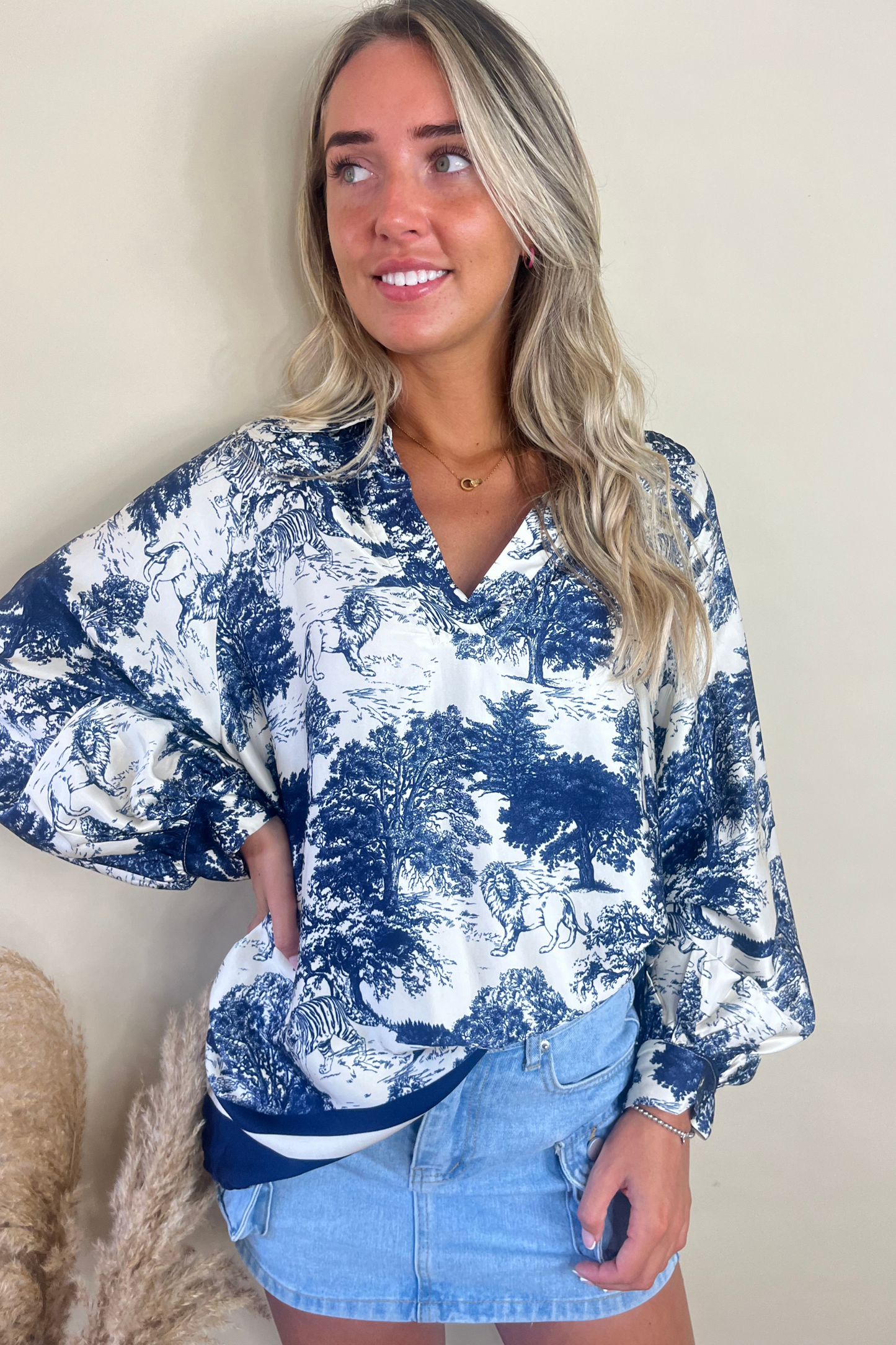 Oriental print blue & white top