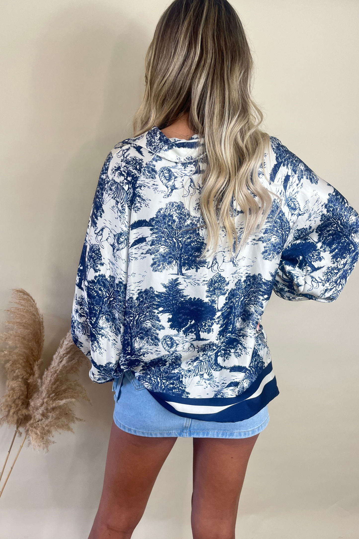 Oriental print blue & white top