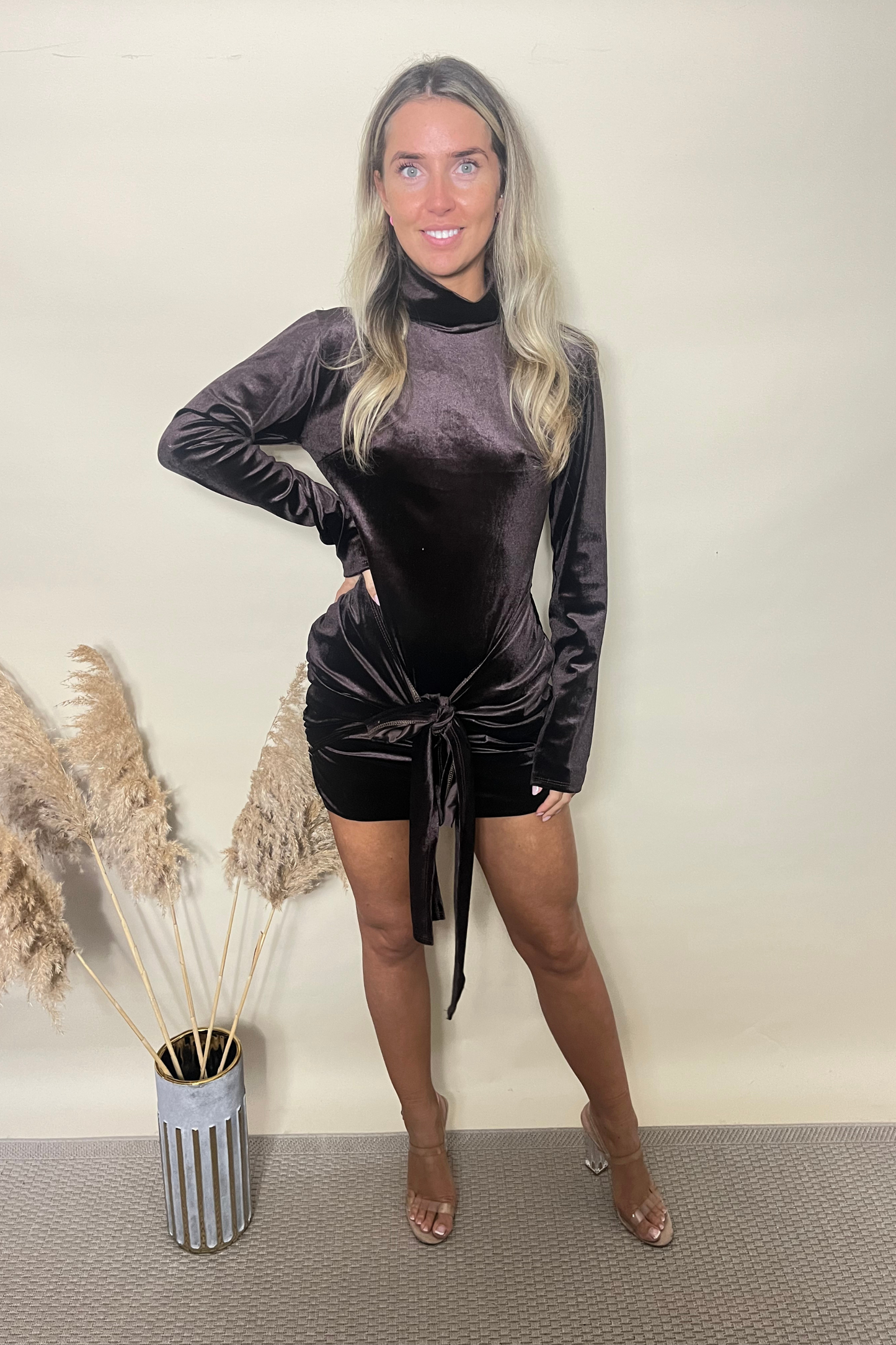 Brown velour high neck midi dress