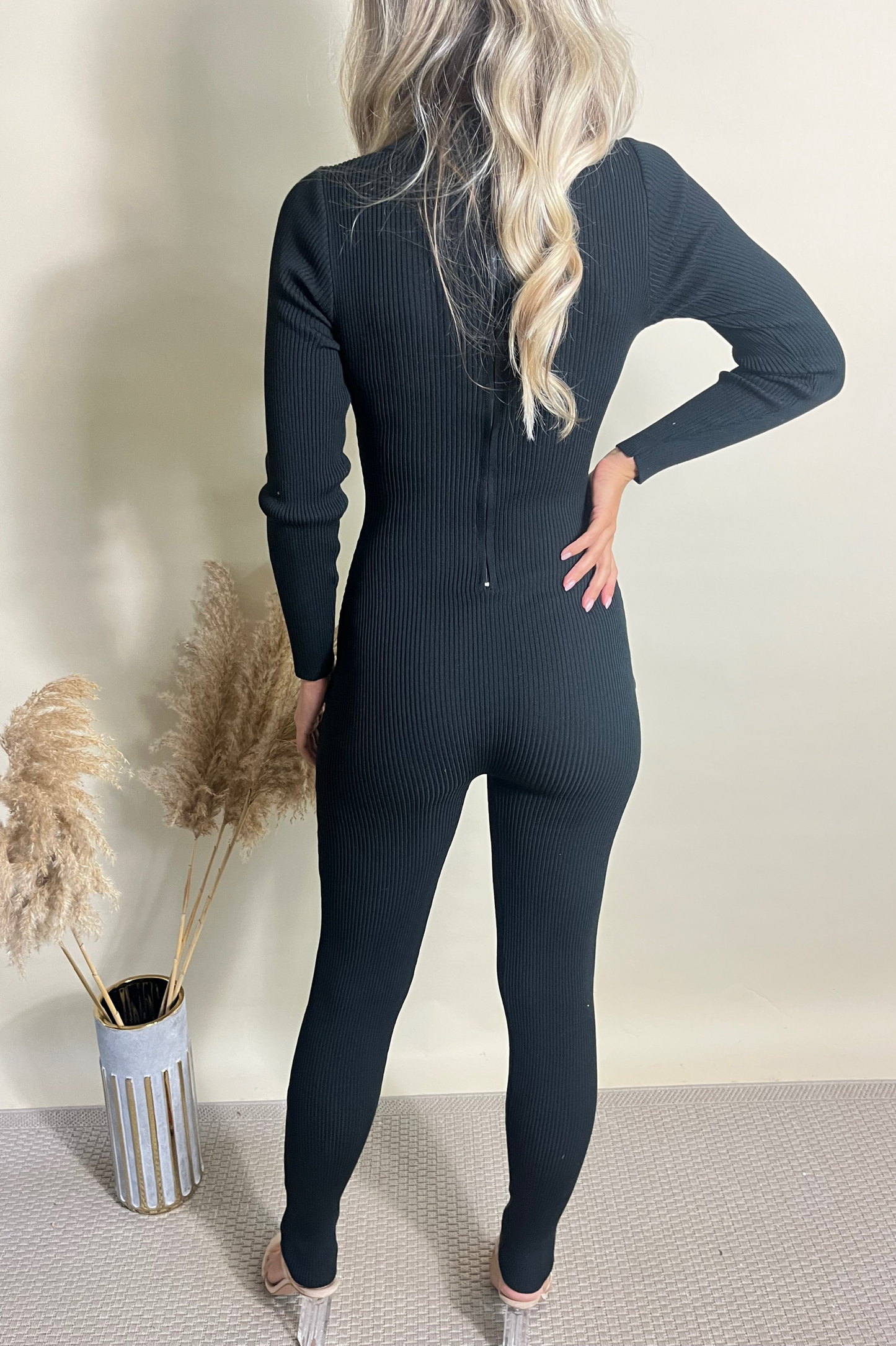 Black Ribbed Knit all in one jumpsuit