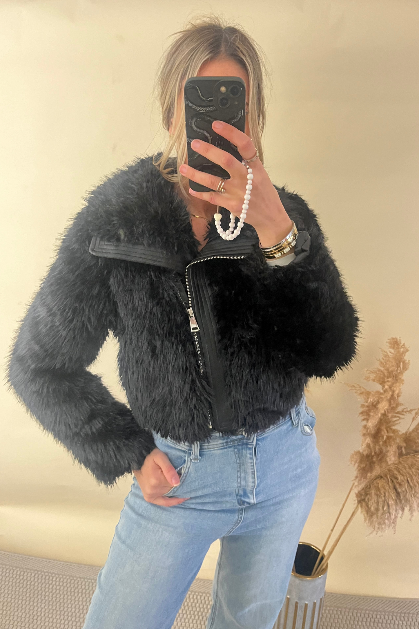 Black Shaggy Faux Fur Biker Jacket
