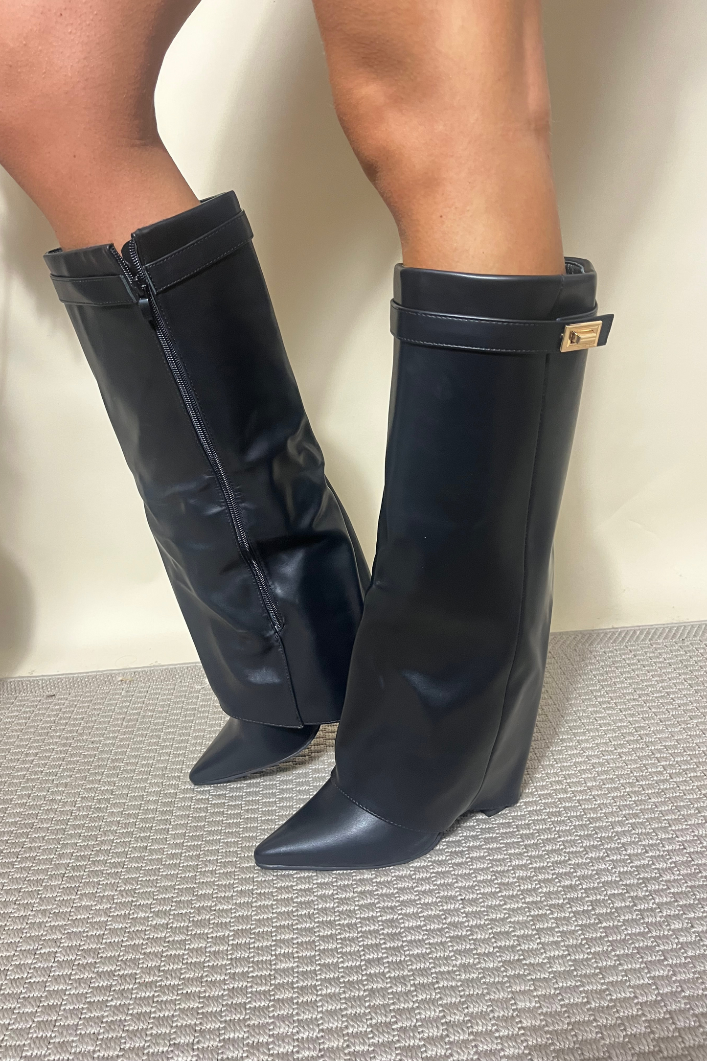 Black flap over heeled boots