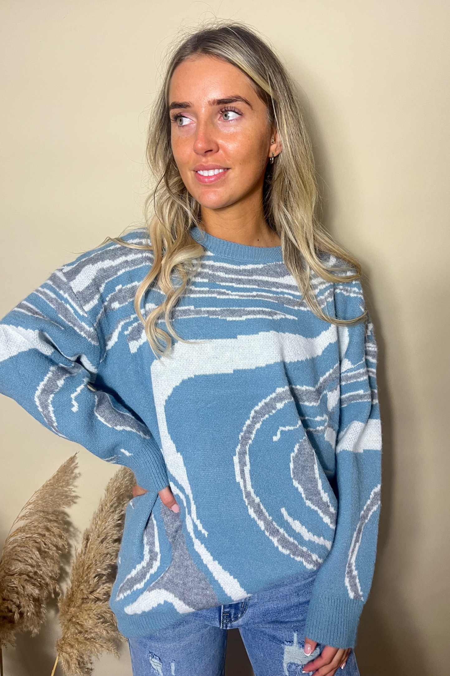 Blue and grey printed round neck jumper
