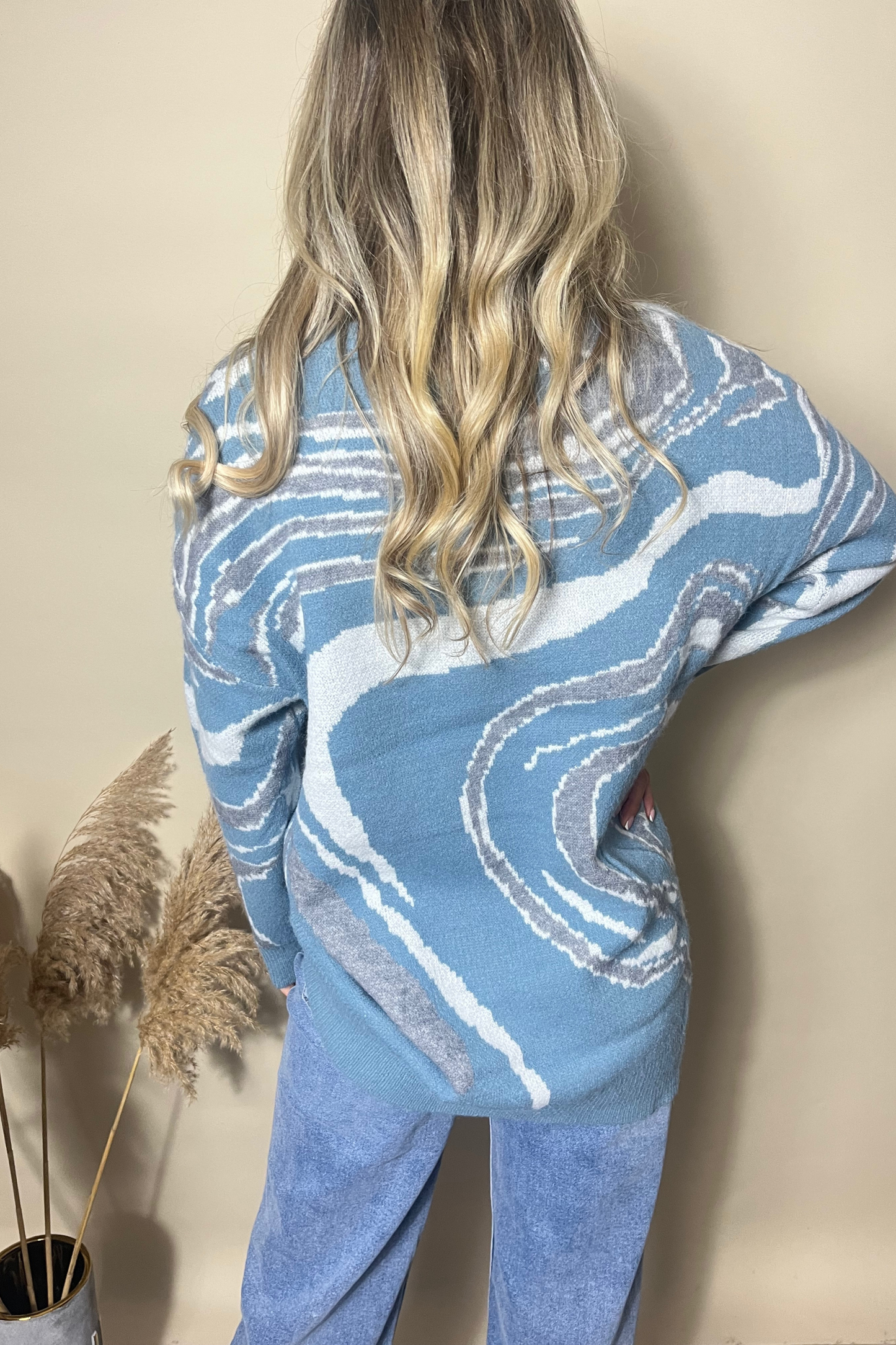 Blue and grey printed round neck jumper