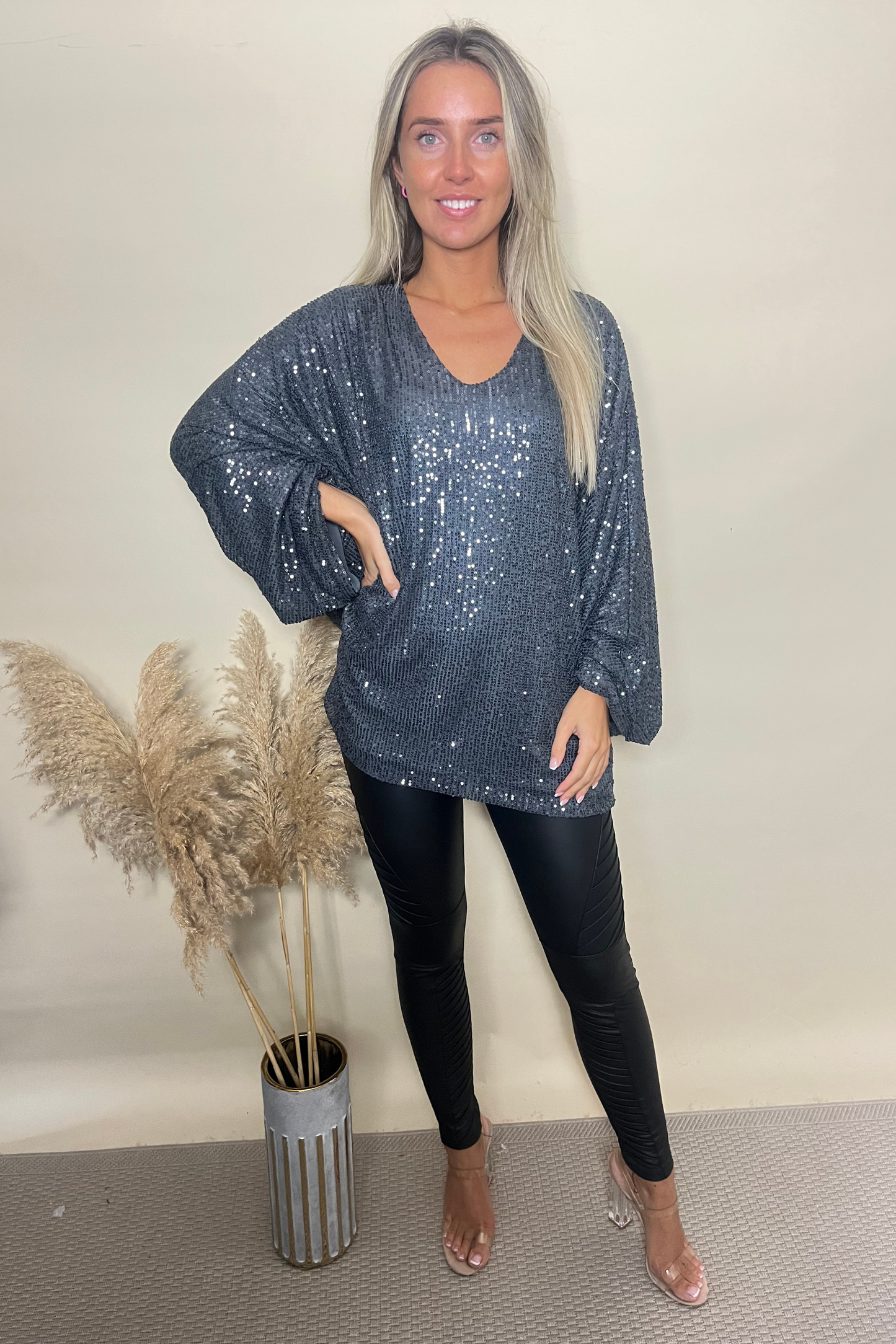 Dark grey sequin round neck floaty top