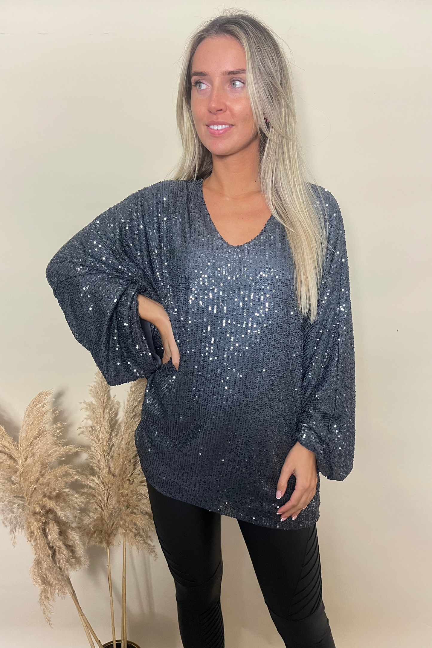 Dark grey sequin round neck floaty top