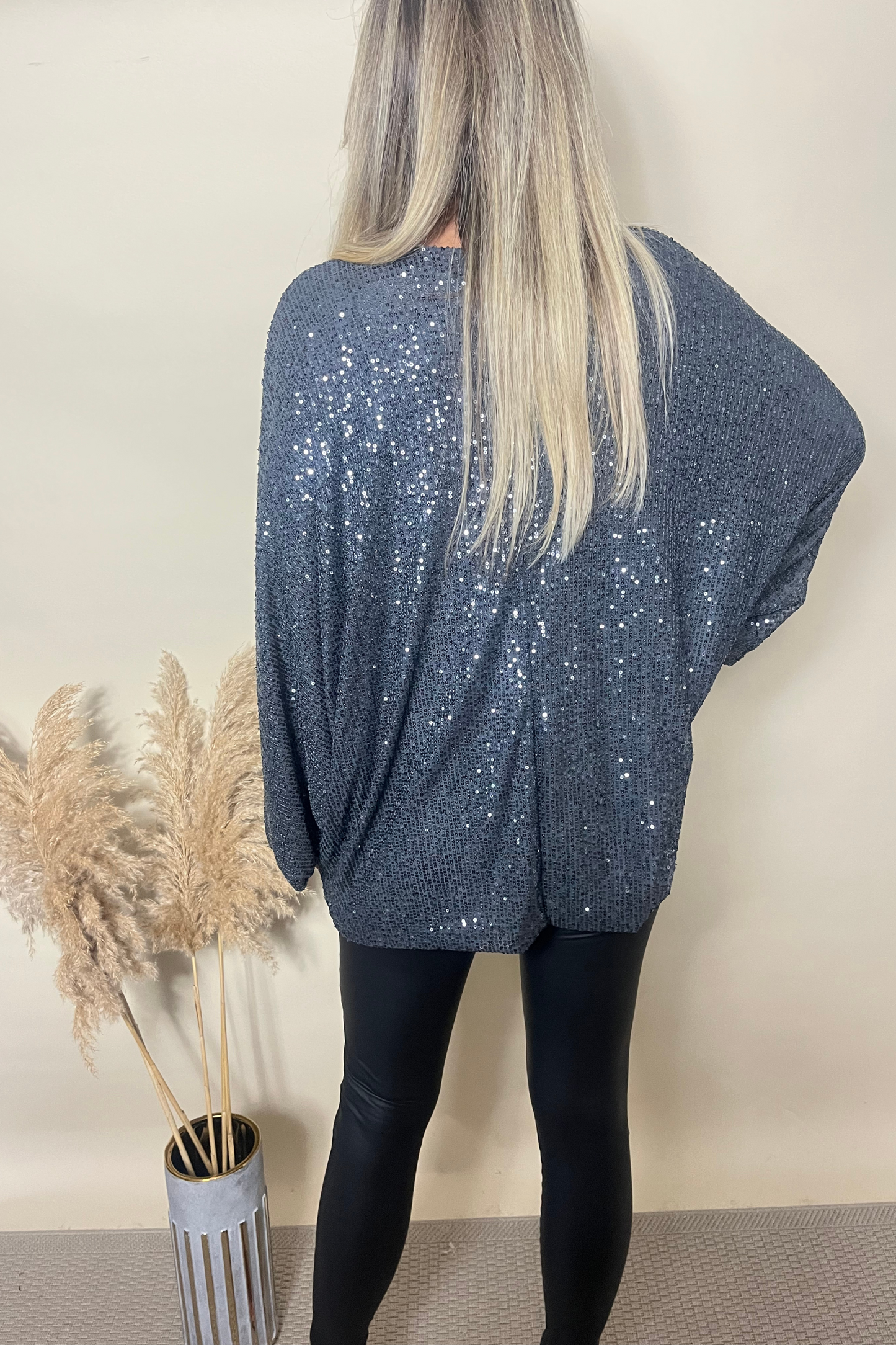 Dark grey sequin round neck floaty top