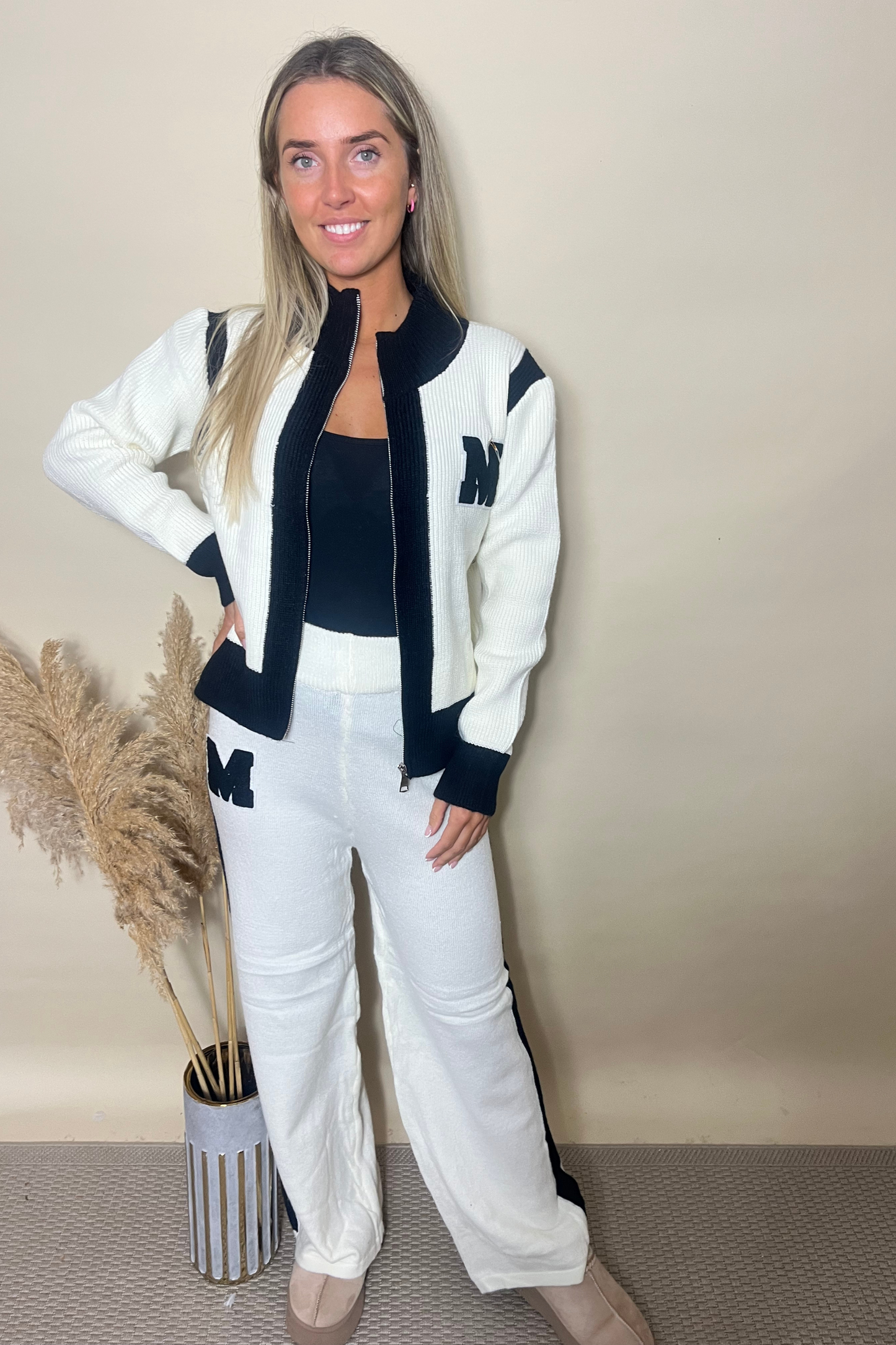 Knit 2 piece wide leg trouser set