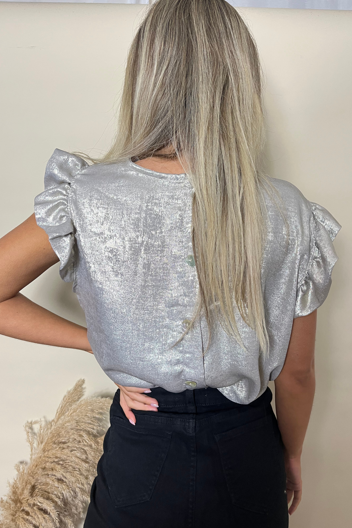 Metallic frill sleeve button back tops