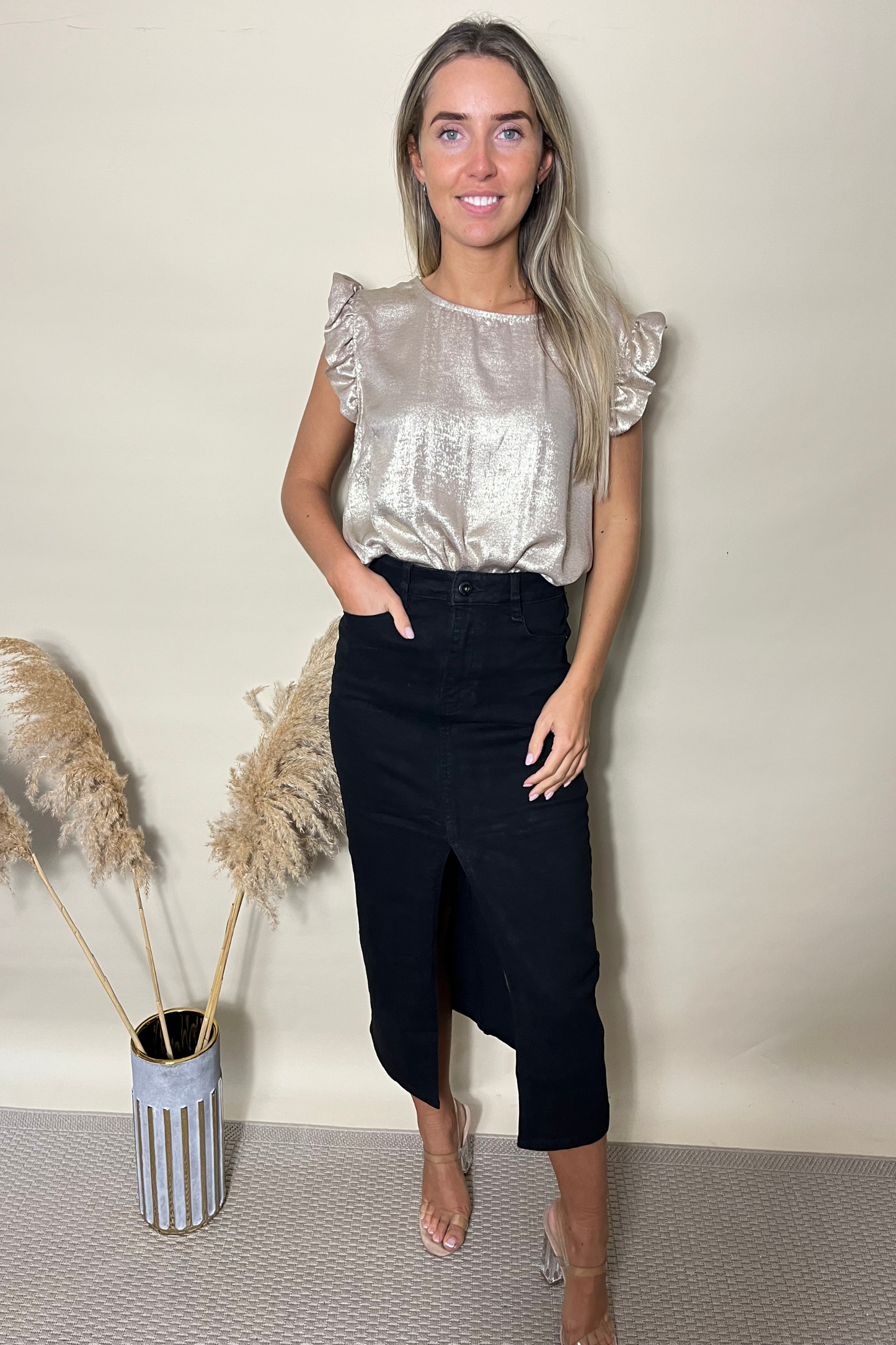 Metallic frill sleeve button back tops
