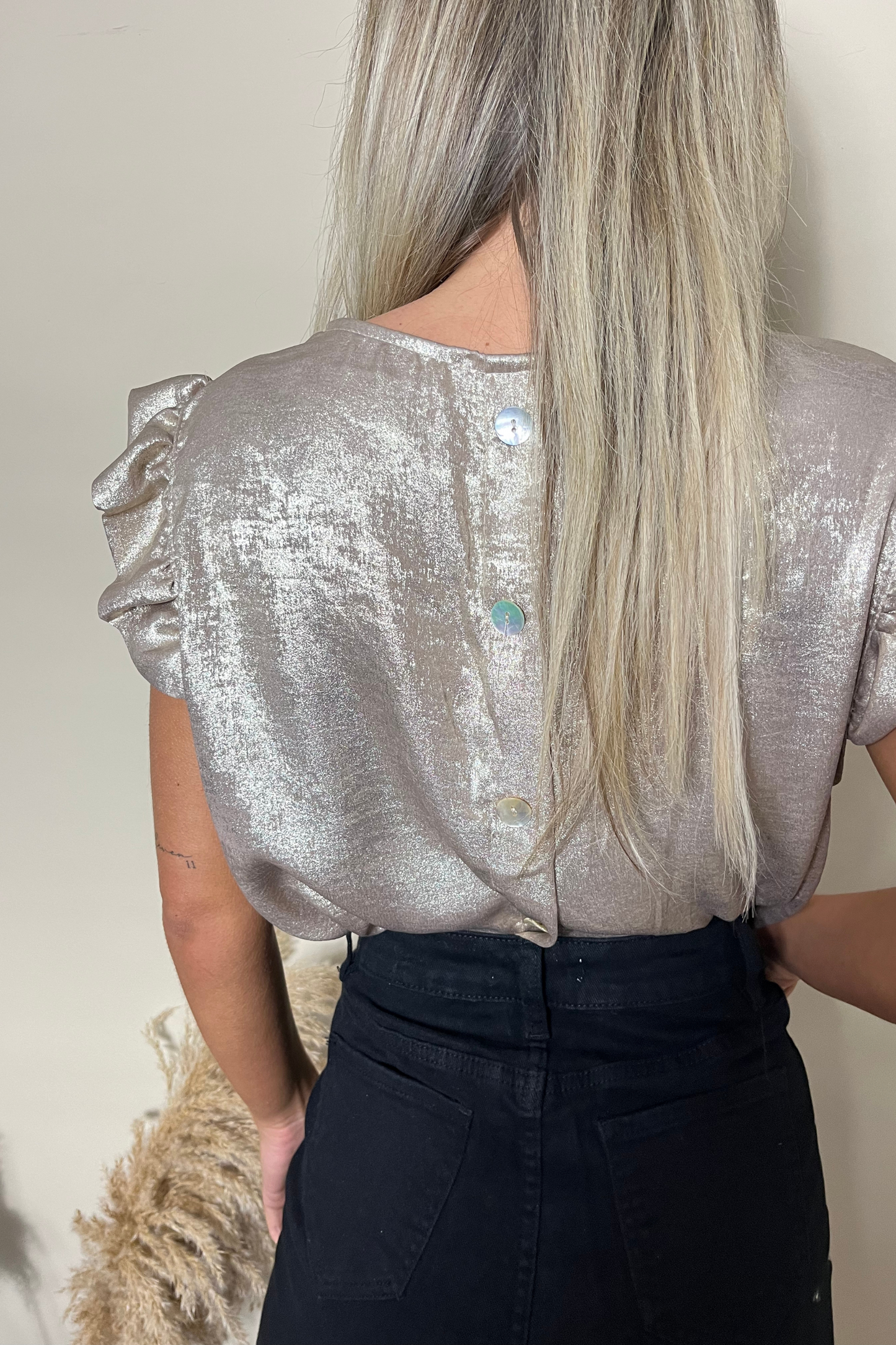 Metallic frill sleeve button back tops