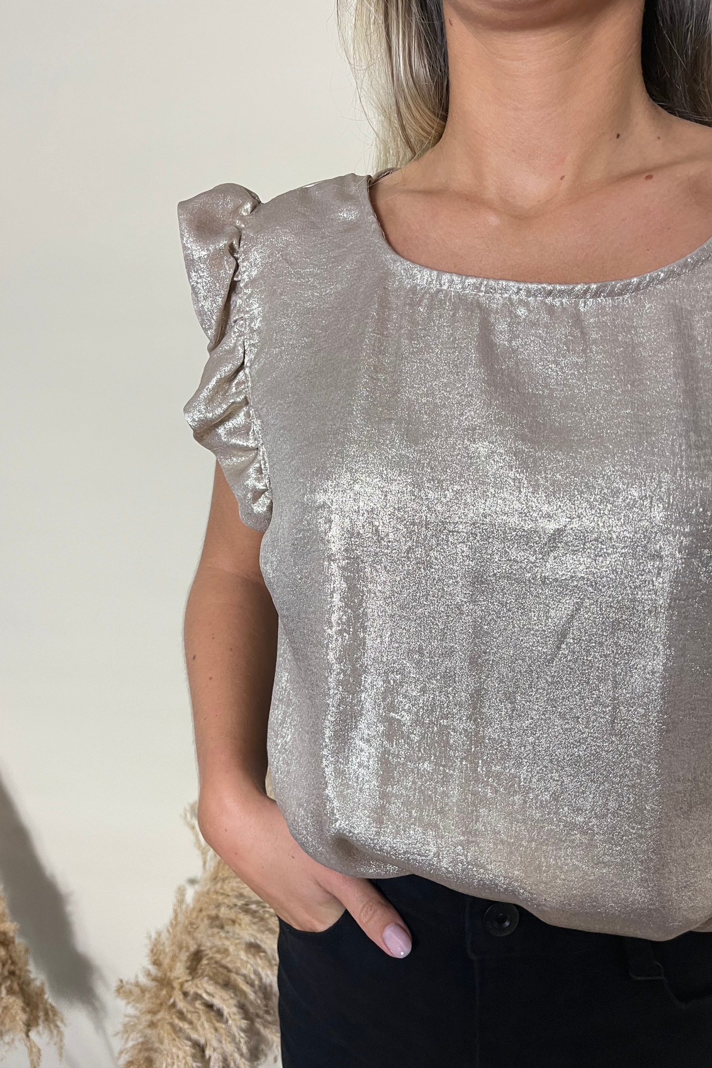 Metallic frill sleeve button back tops