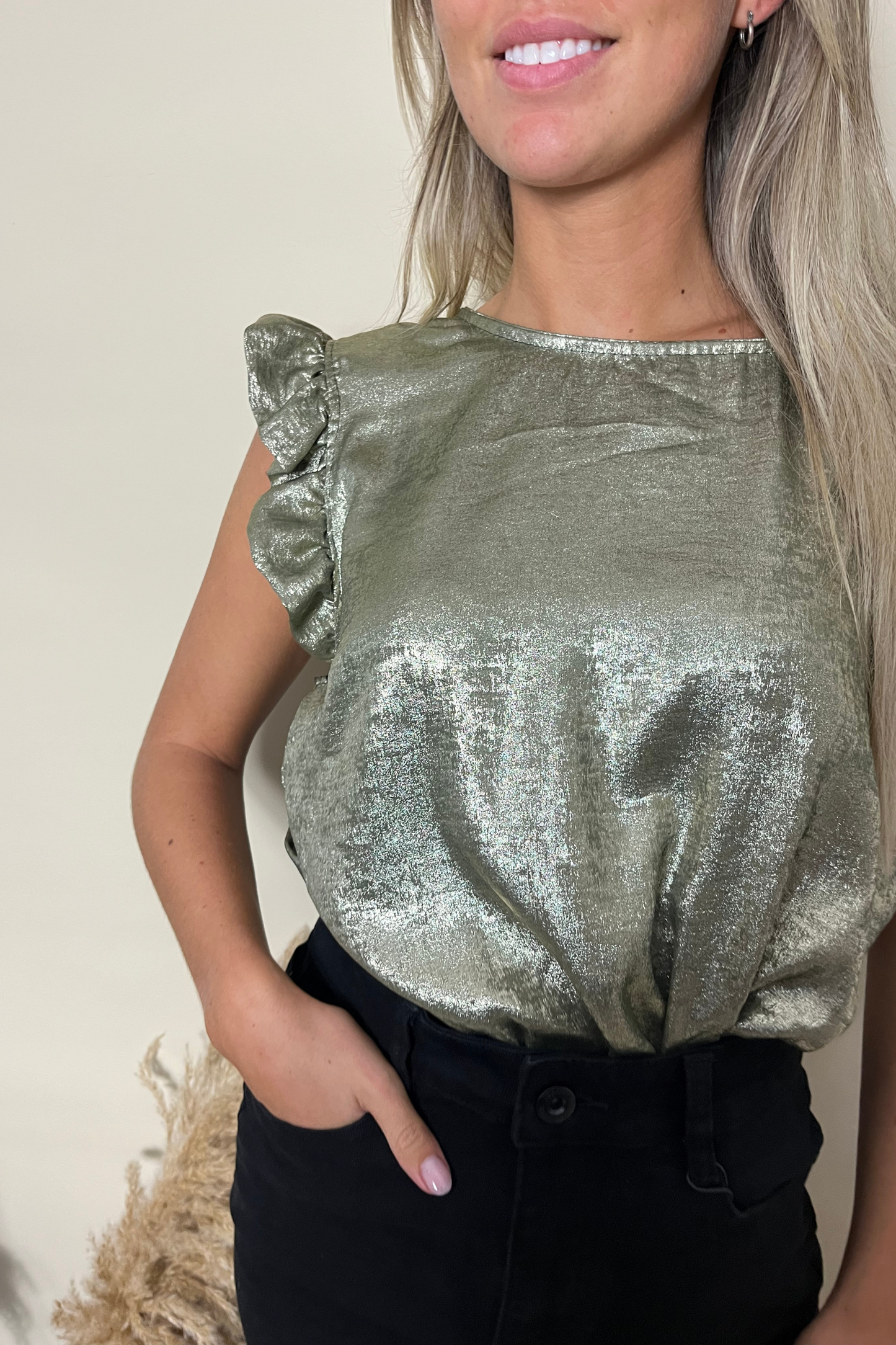Metallic frill sleeve button back tops