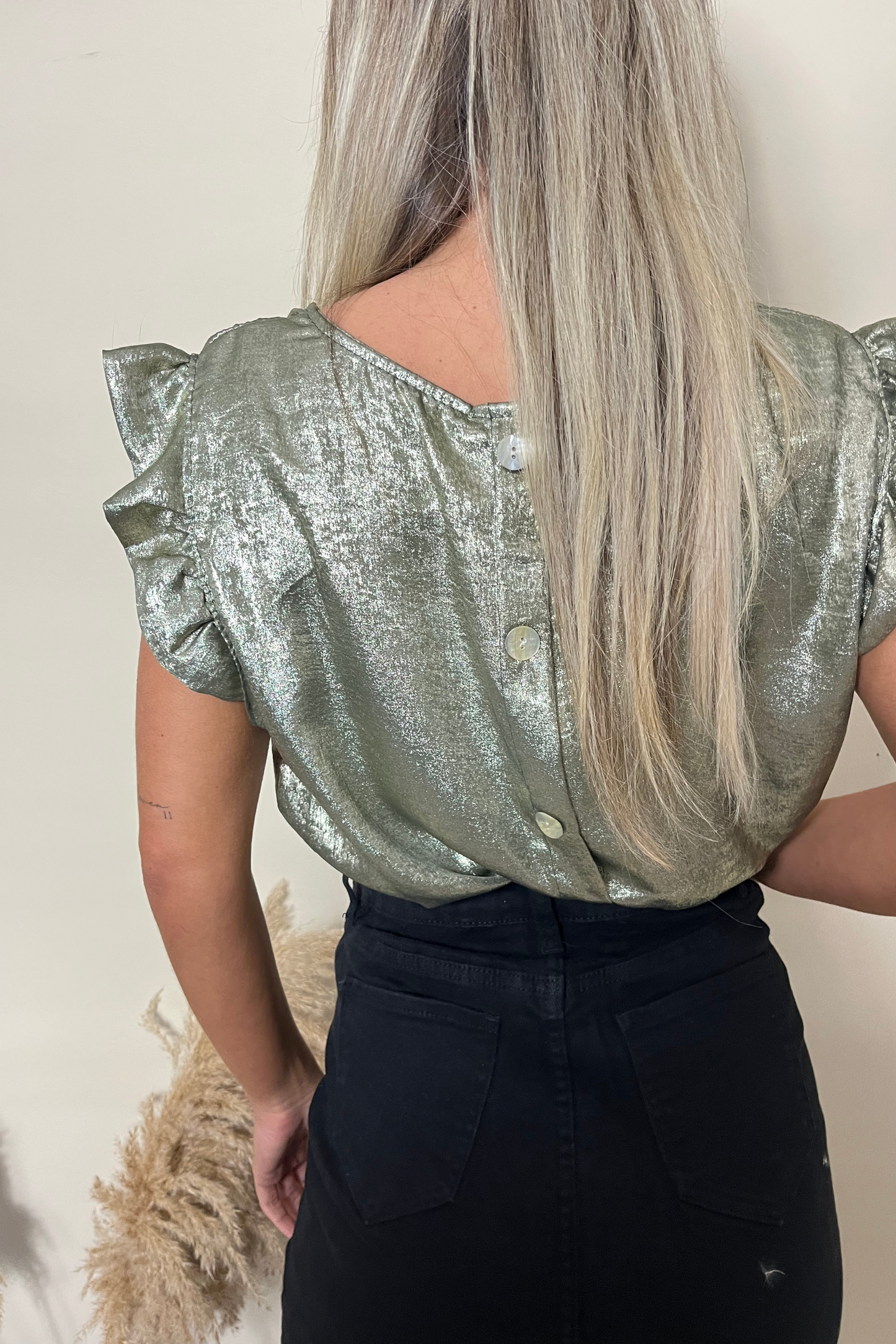 Metallic frill sleeve button back tops
