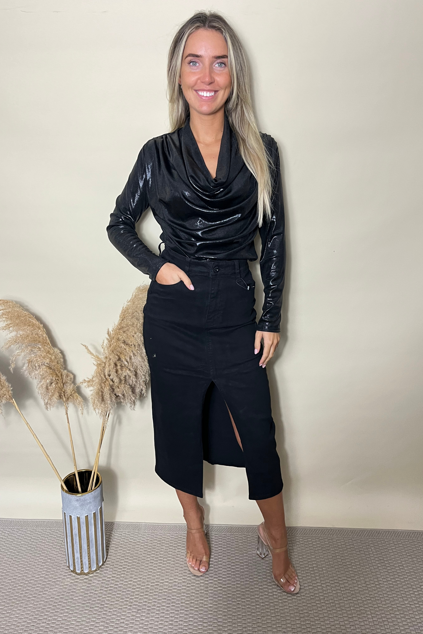 Black cowl neck metallic long sleeved top