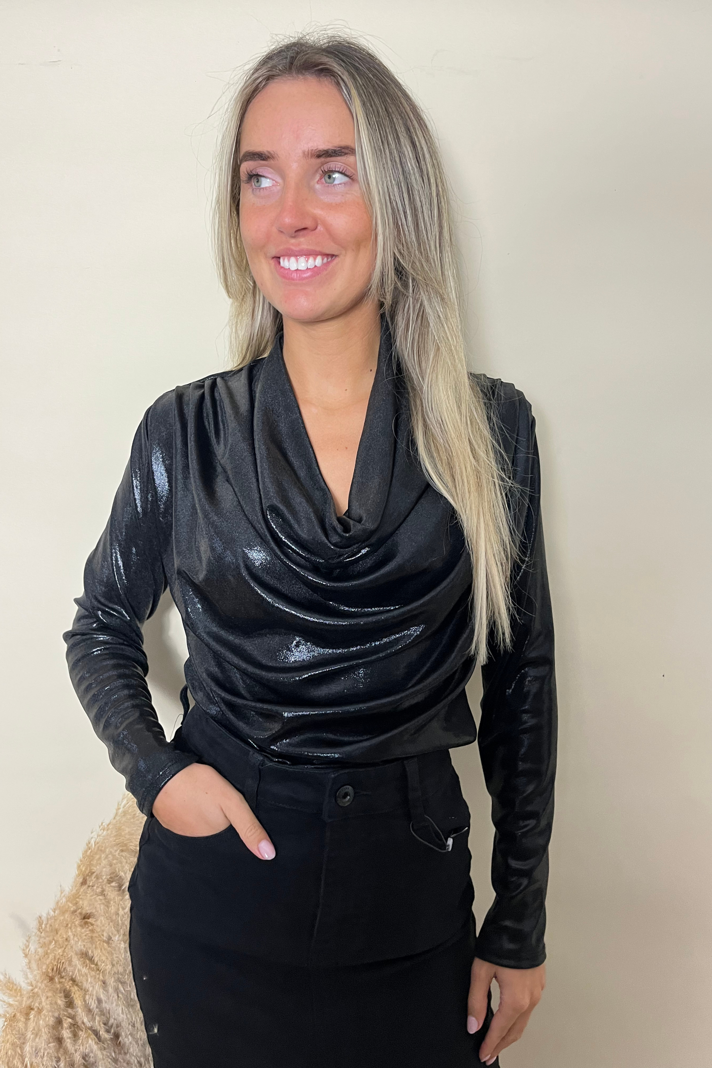 Black cowl neck metallic long sleeved top