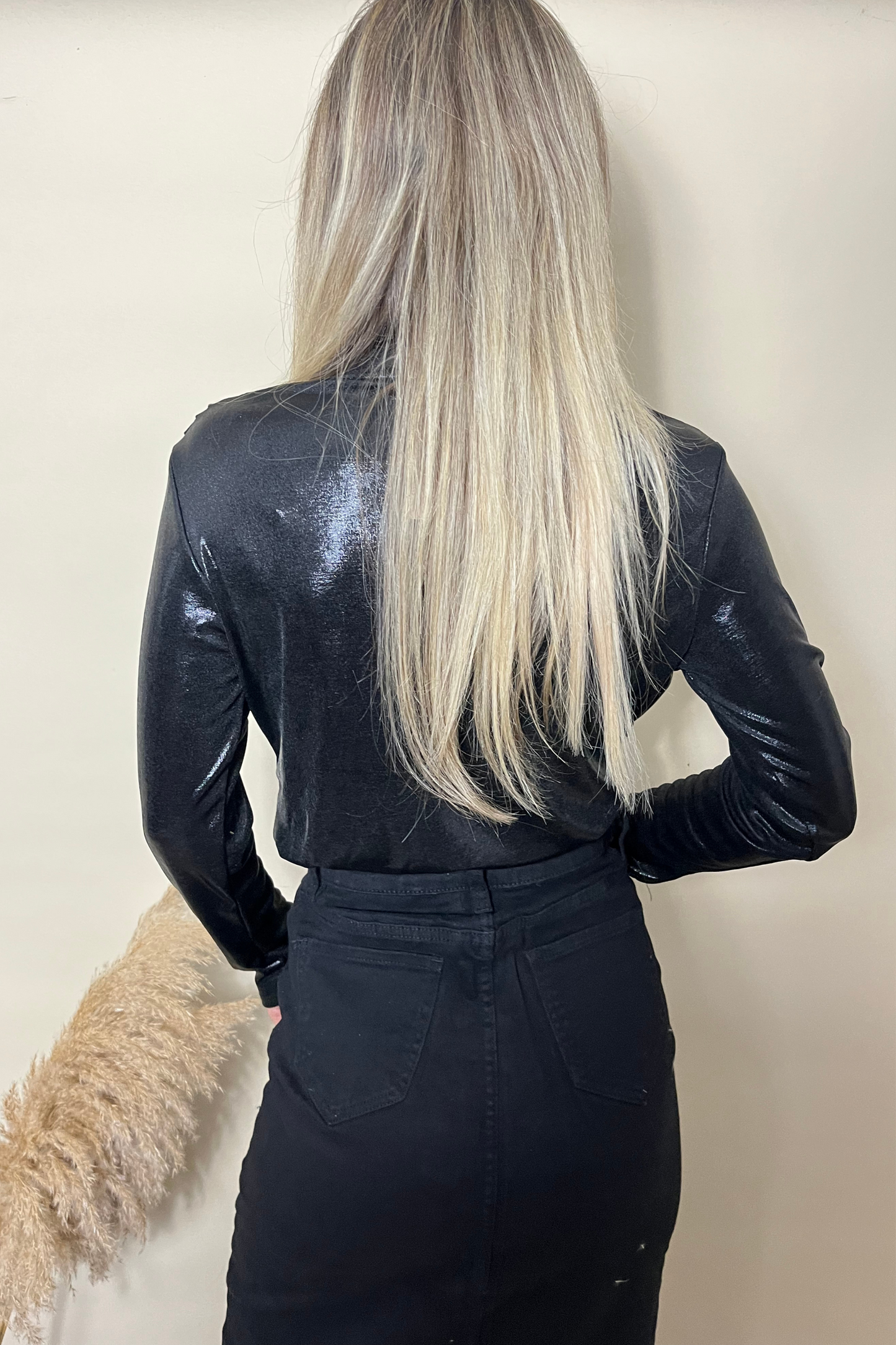Black cowl neck metallic long sleeved top