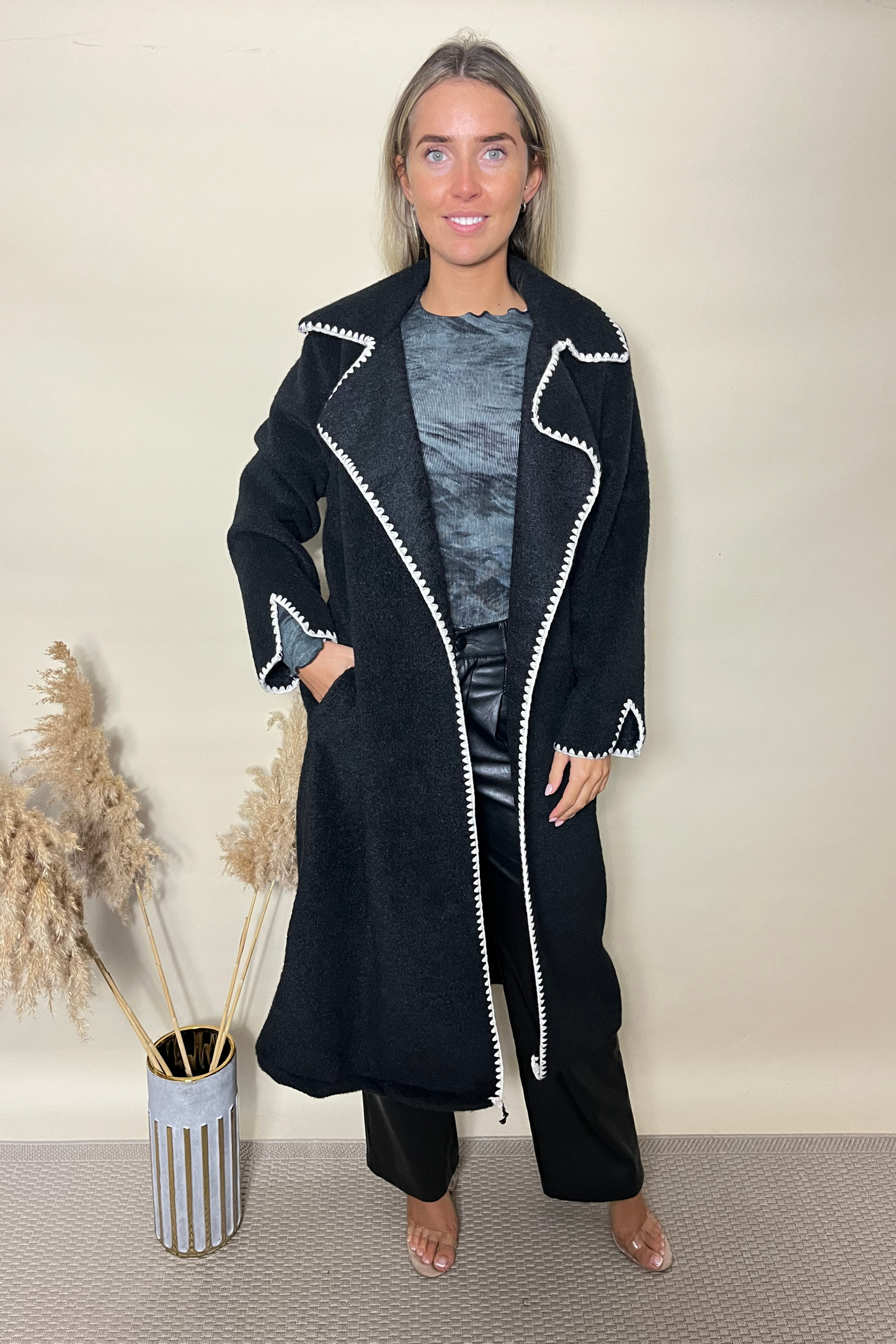 Black contrasting trim lapel shacket