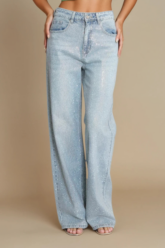 Blue Full Embellished Wide Fit Jeans