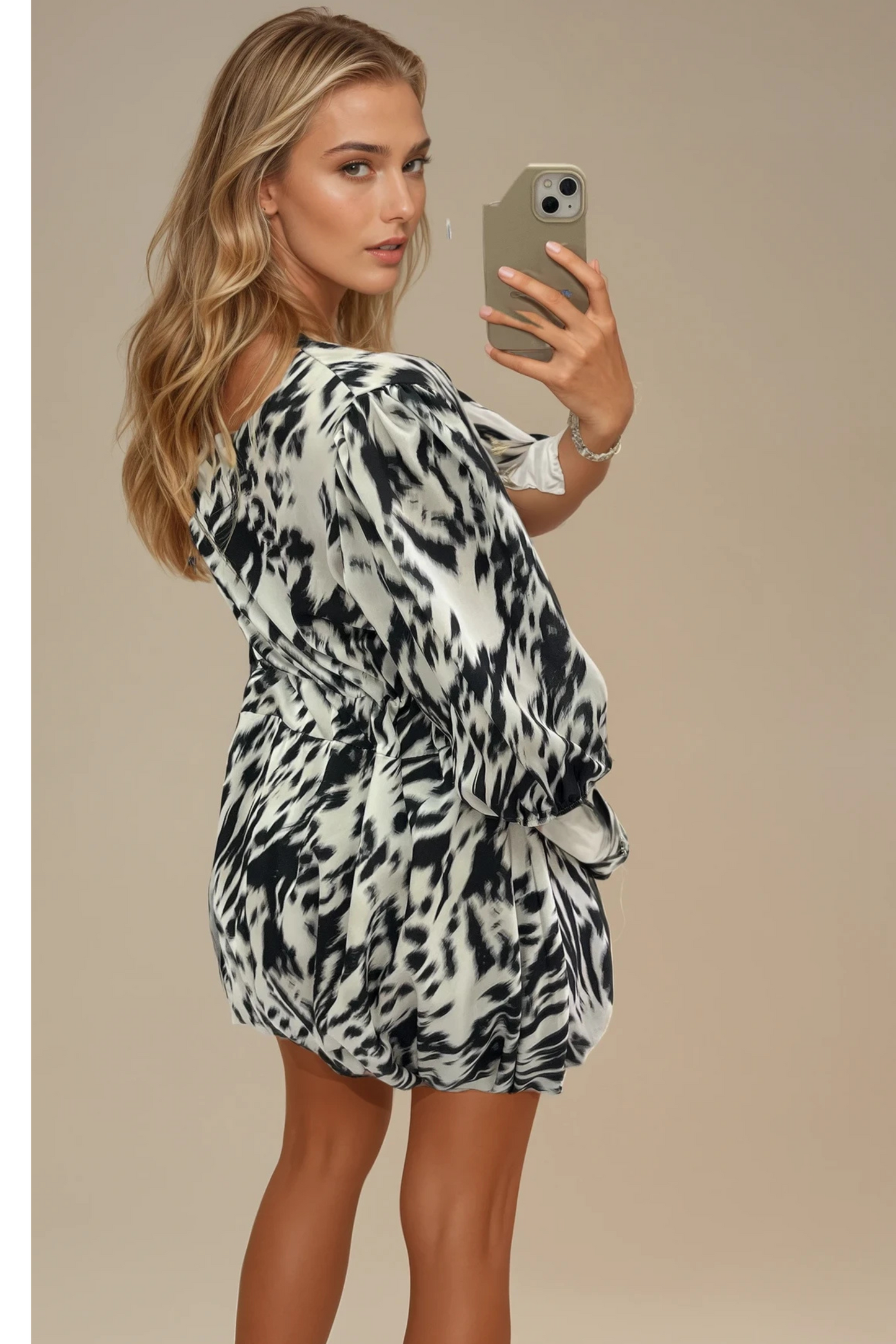 Monochrome Animal Print Balloon Dress
