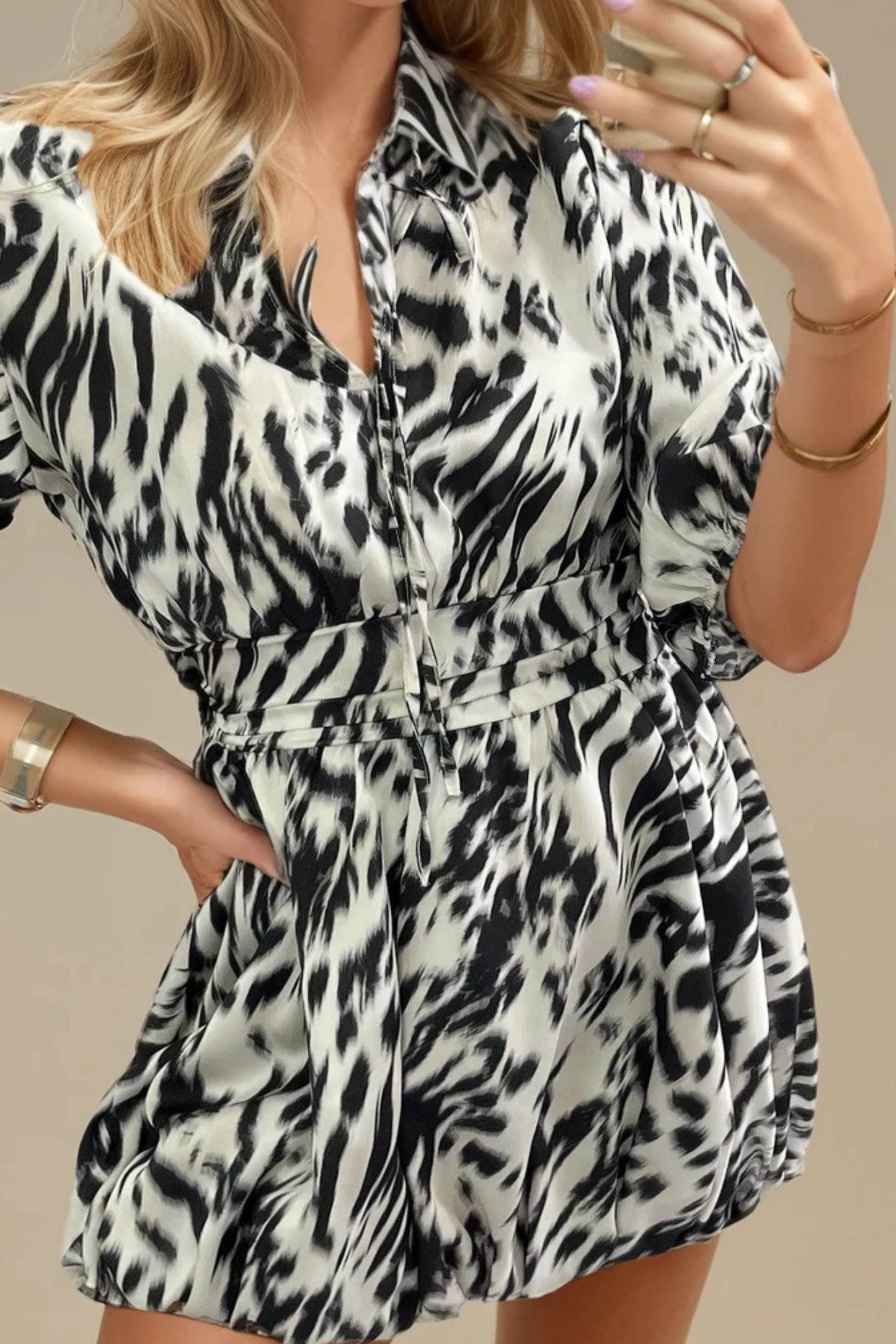 Monochrome Animal Print Balloon Dress