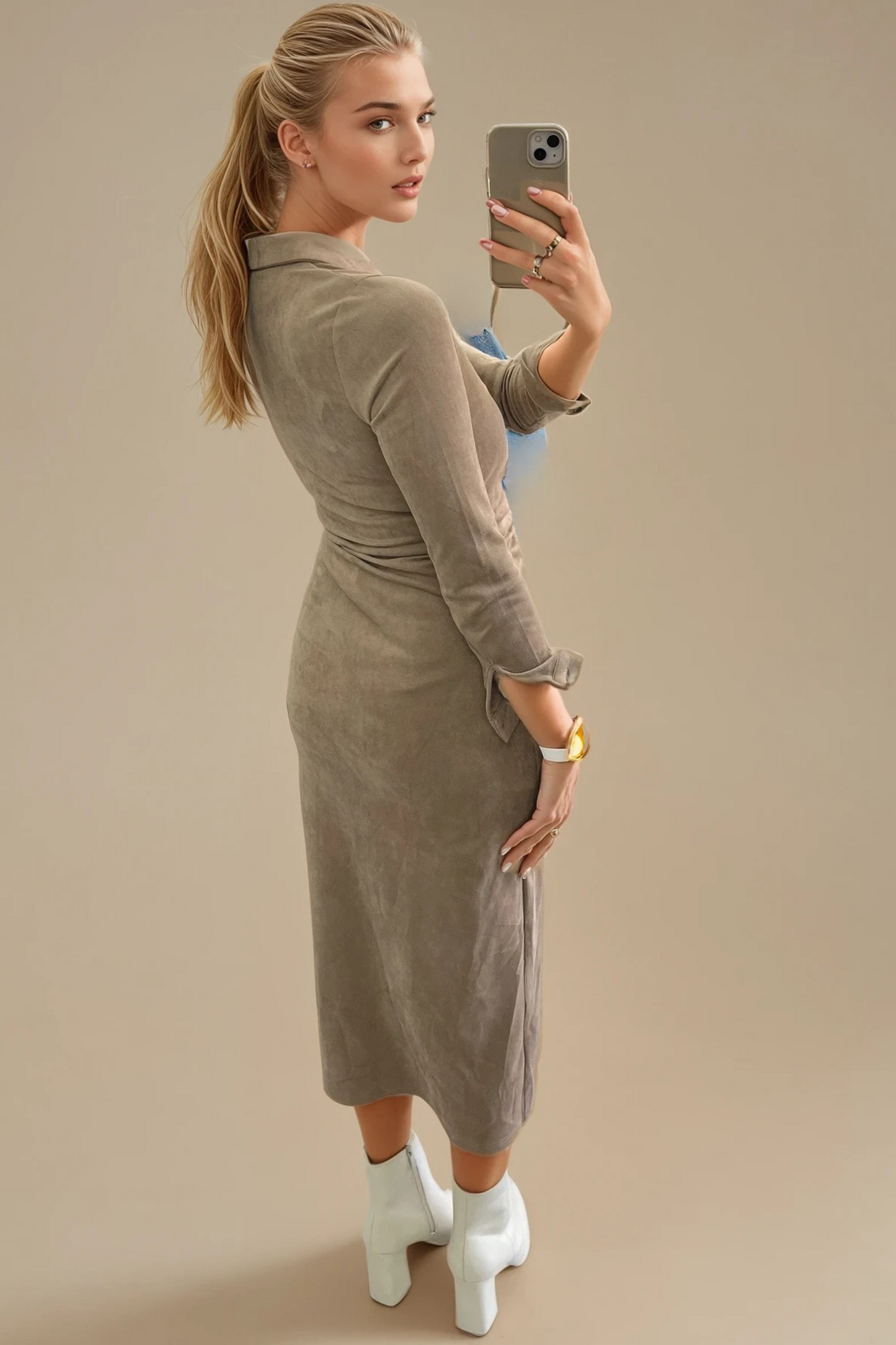 Beige Suedette Midi Dress