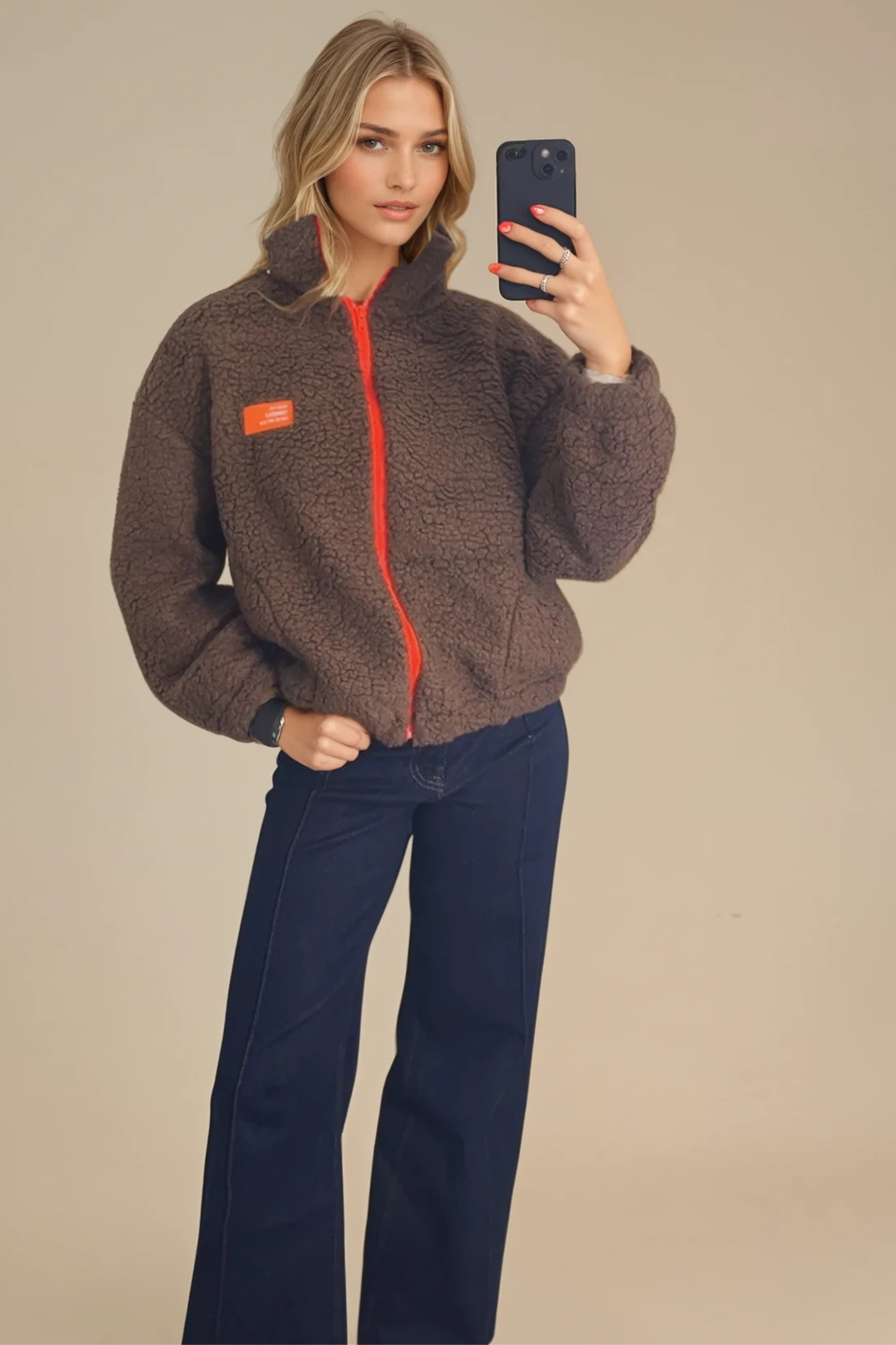Brown Contrast Zip Borg Jacket