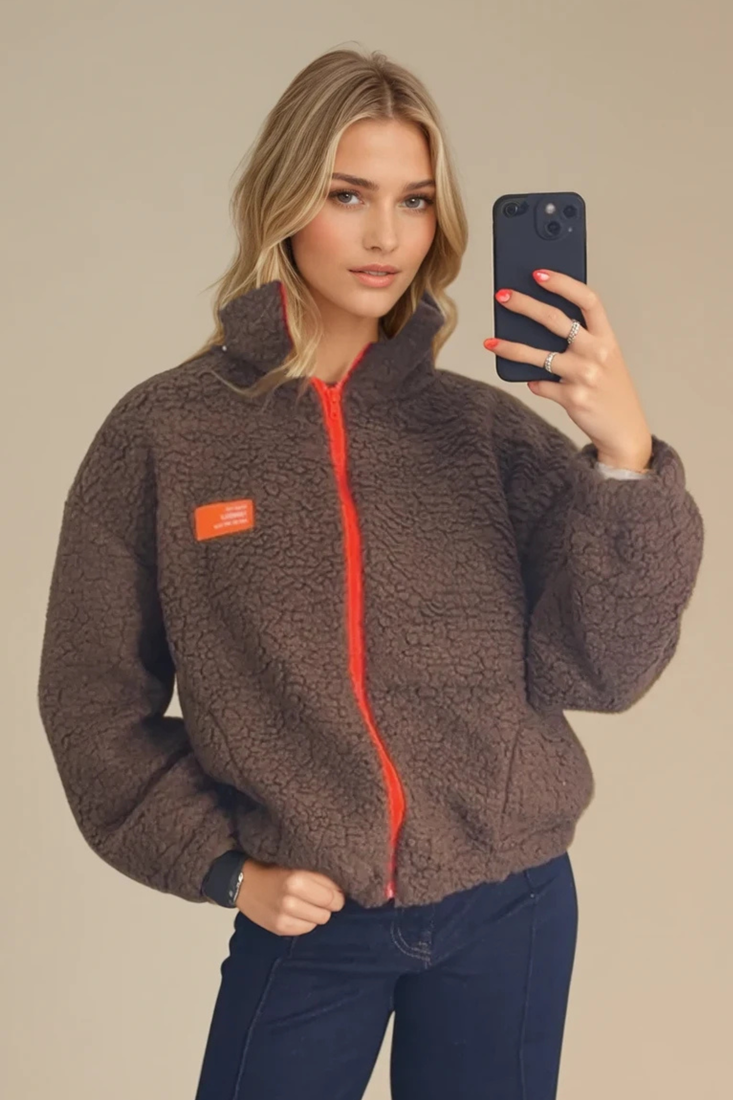 Brown Contrast Zip Borg Jacket