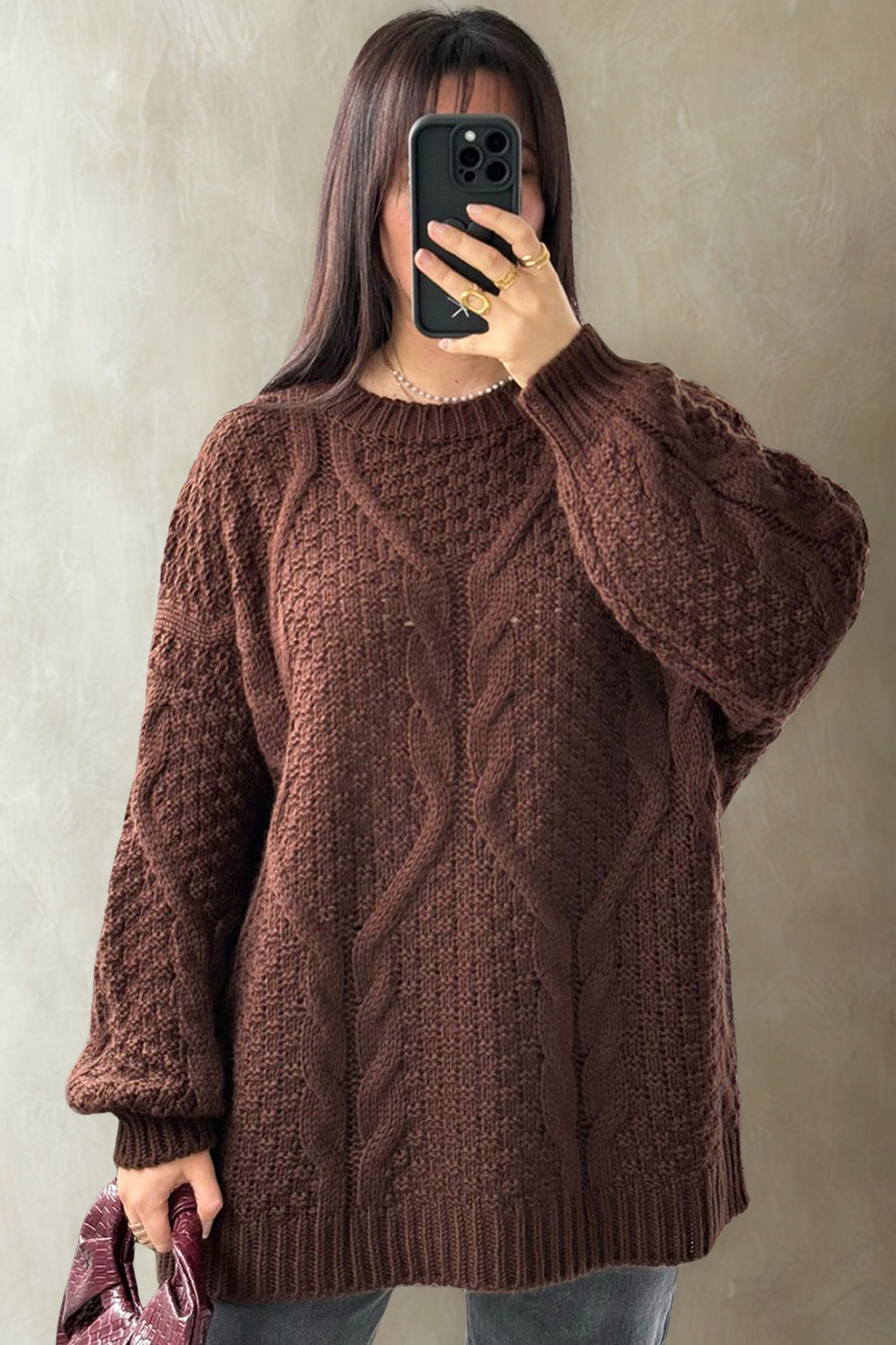 Brown Oversized Cable Knit Jumper