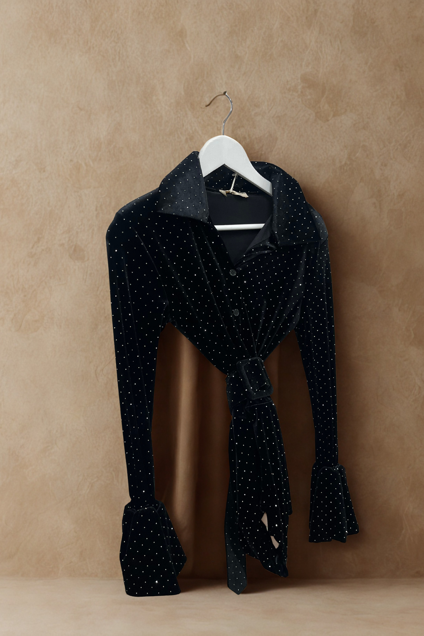 Black Velvet Embellished Flute Cuff Playsuit