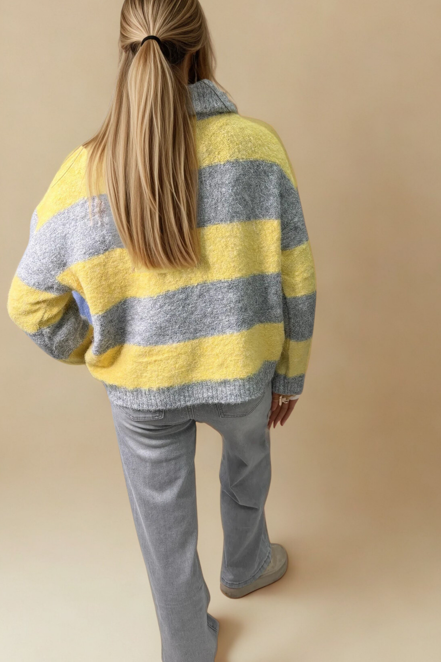 Yellow & Grey Stripe Zip-Up Knit Cardigan