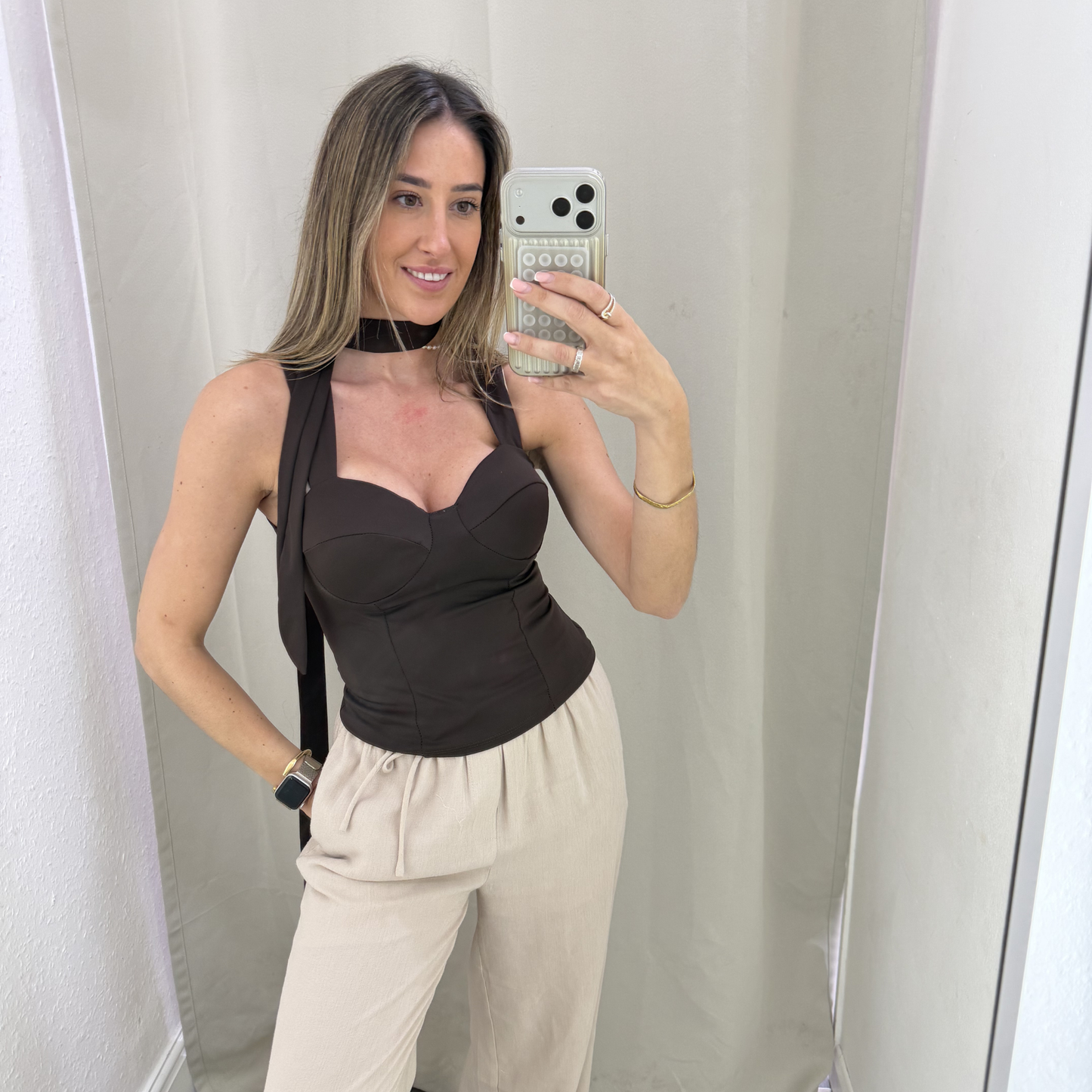 Chocolate Sculpt Corset Top with Detachable Scarf Detail