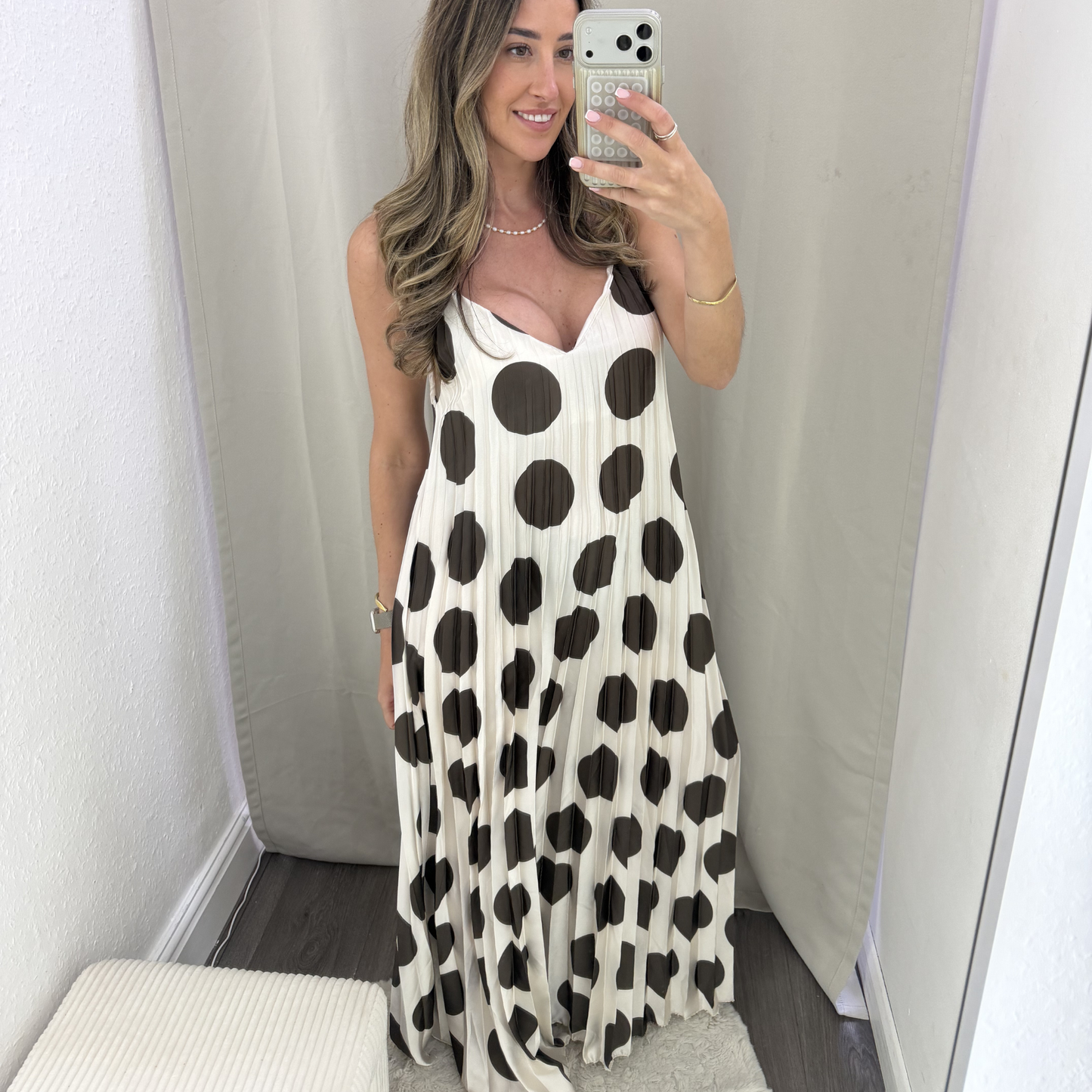 Polka Dot Pleated Maxi Dress