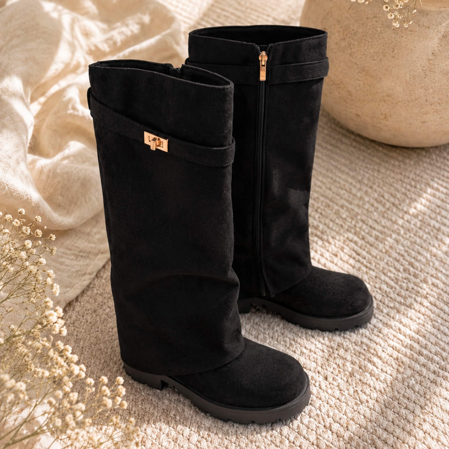Luxe Suede Knee High Boots – Black