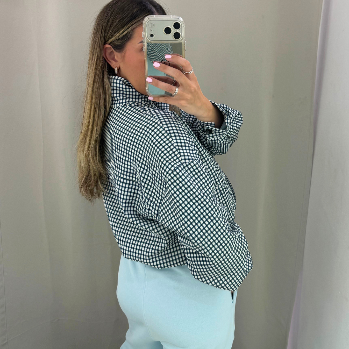 Navy Gingham Cropped Bomber Jacket