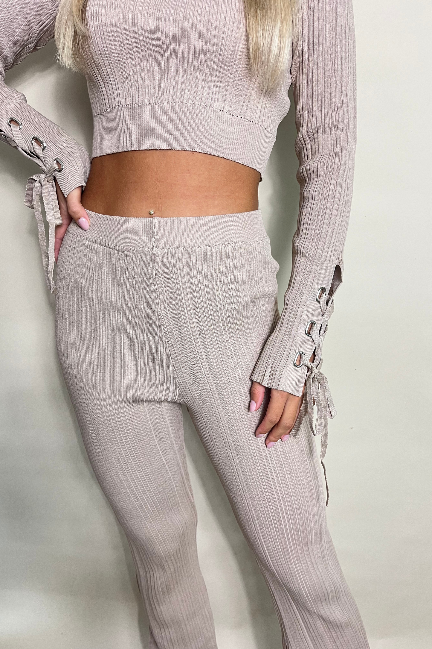 Beige Ribbed High Neck Blouse And Flare Trouser Set