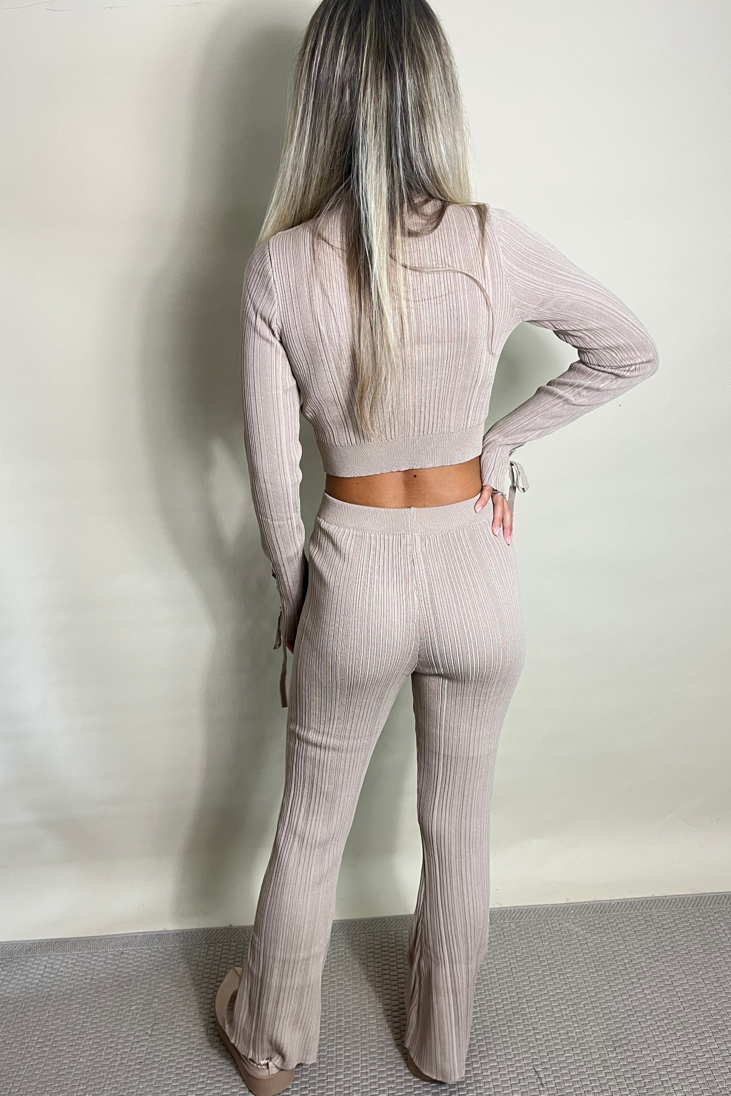 Beige Ribbed High Neck Blouse And Flare Trouser Set
