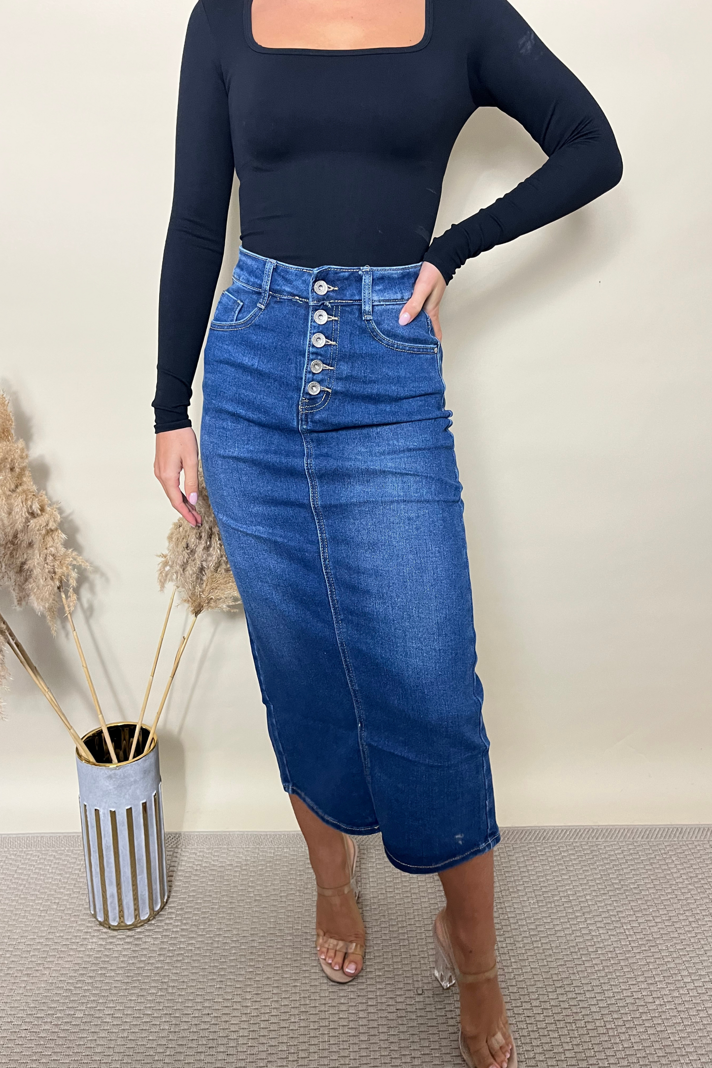 Button Front Denim Midi Skirt