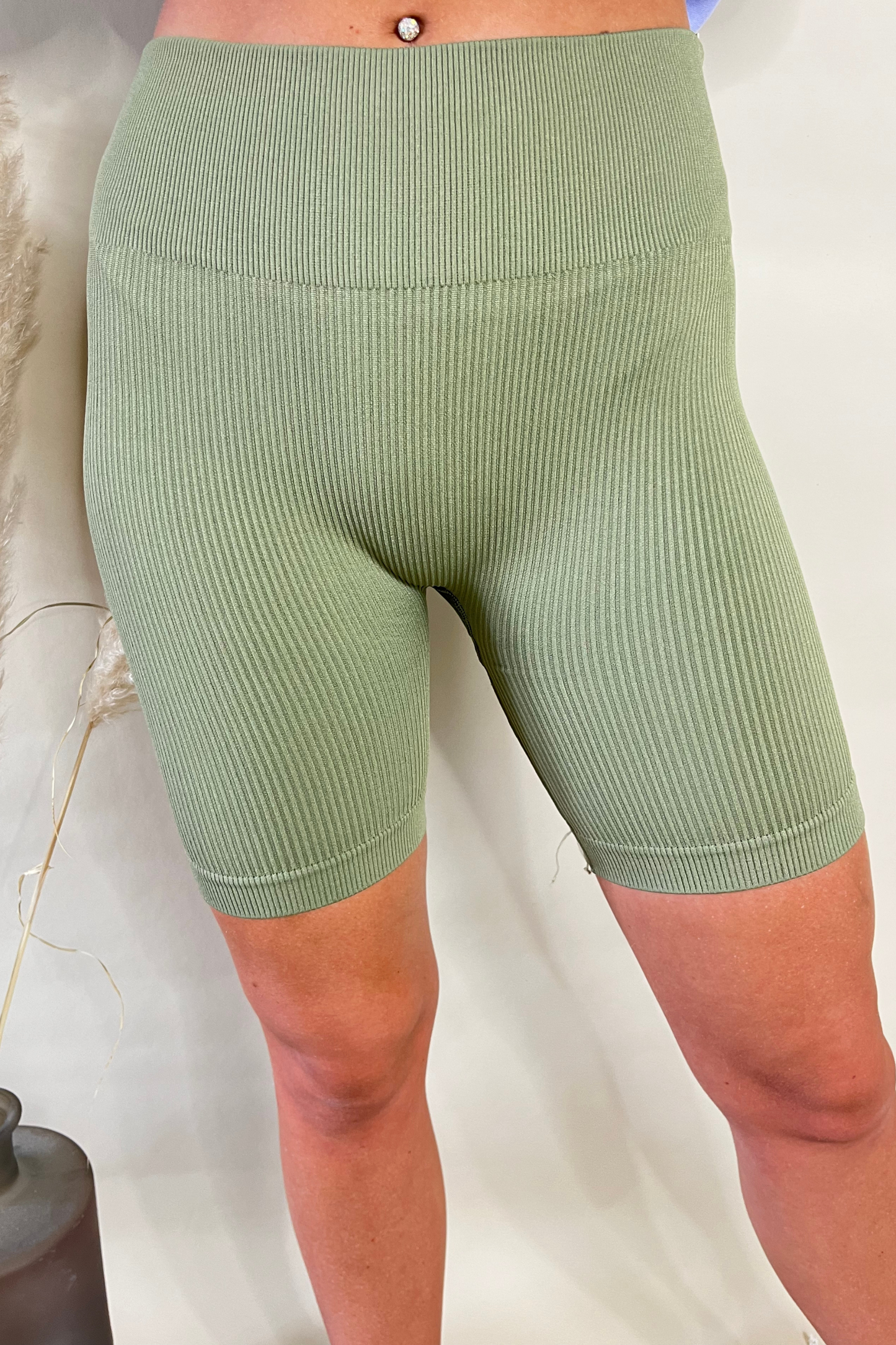 Khaki High Waisted Ribbed Cycling Shorts